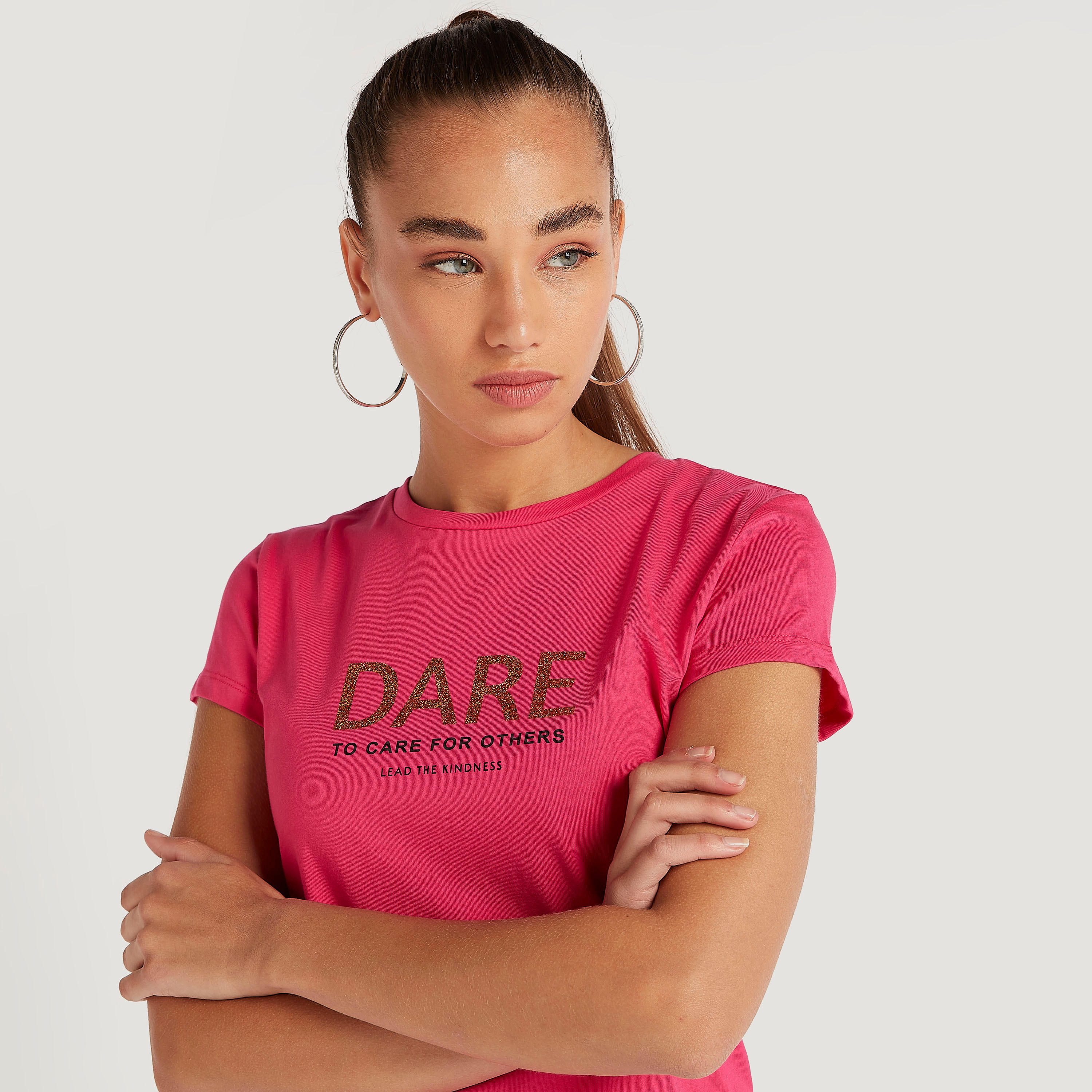 Slogan Print T-shirt with Crew Neck and Cap Sleeves-women-clothing-tshirts-image-3