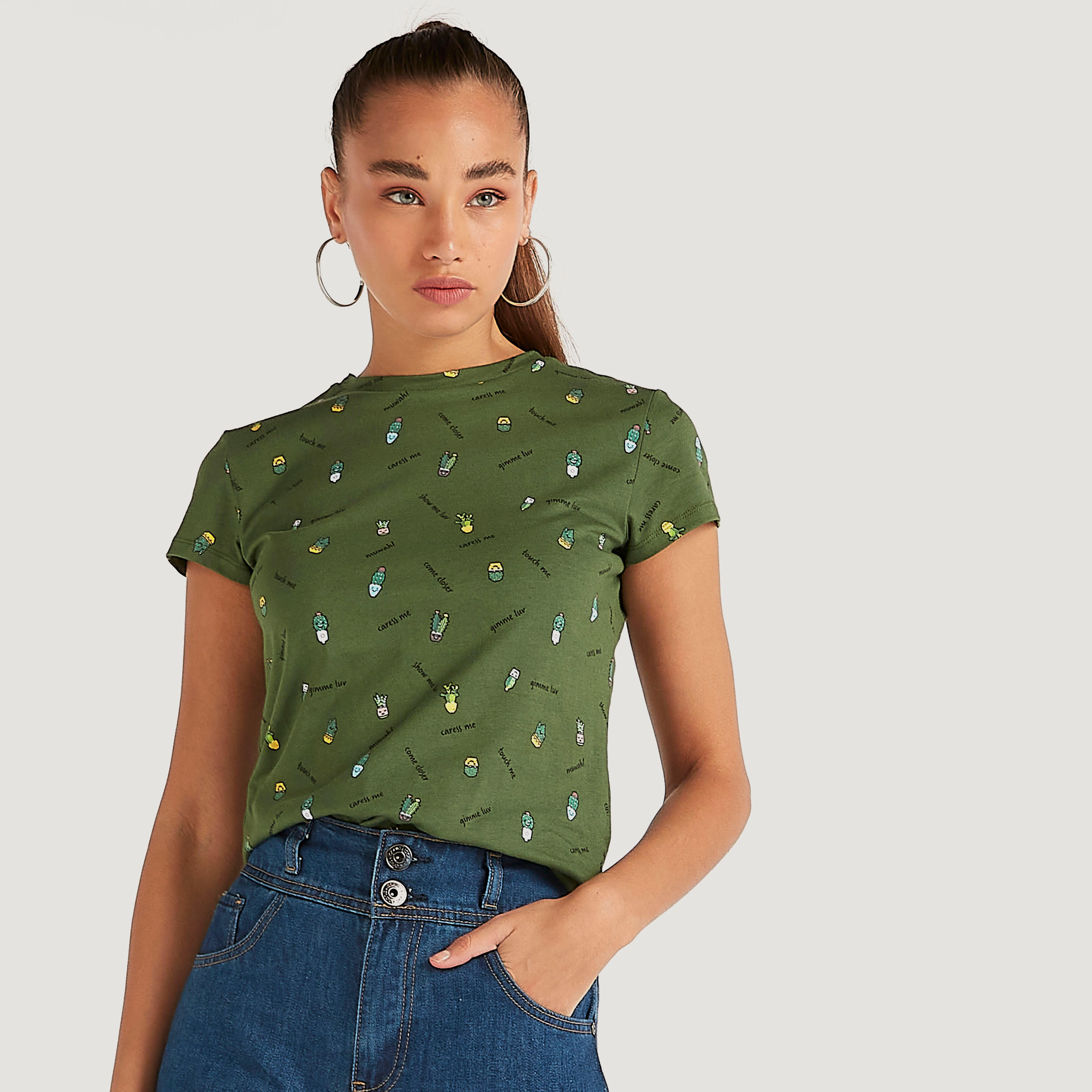 All-Over Print Crew Neck T-shirt with Cap Sleeves-women-clothing-tshirts-image-1