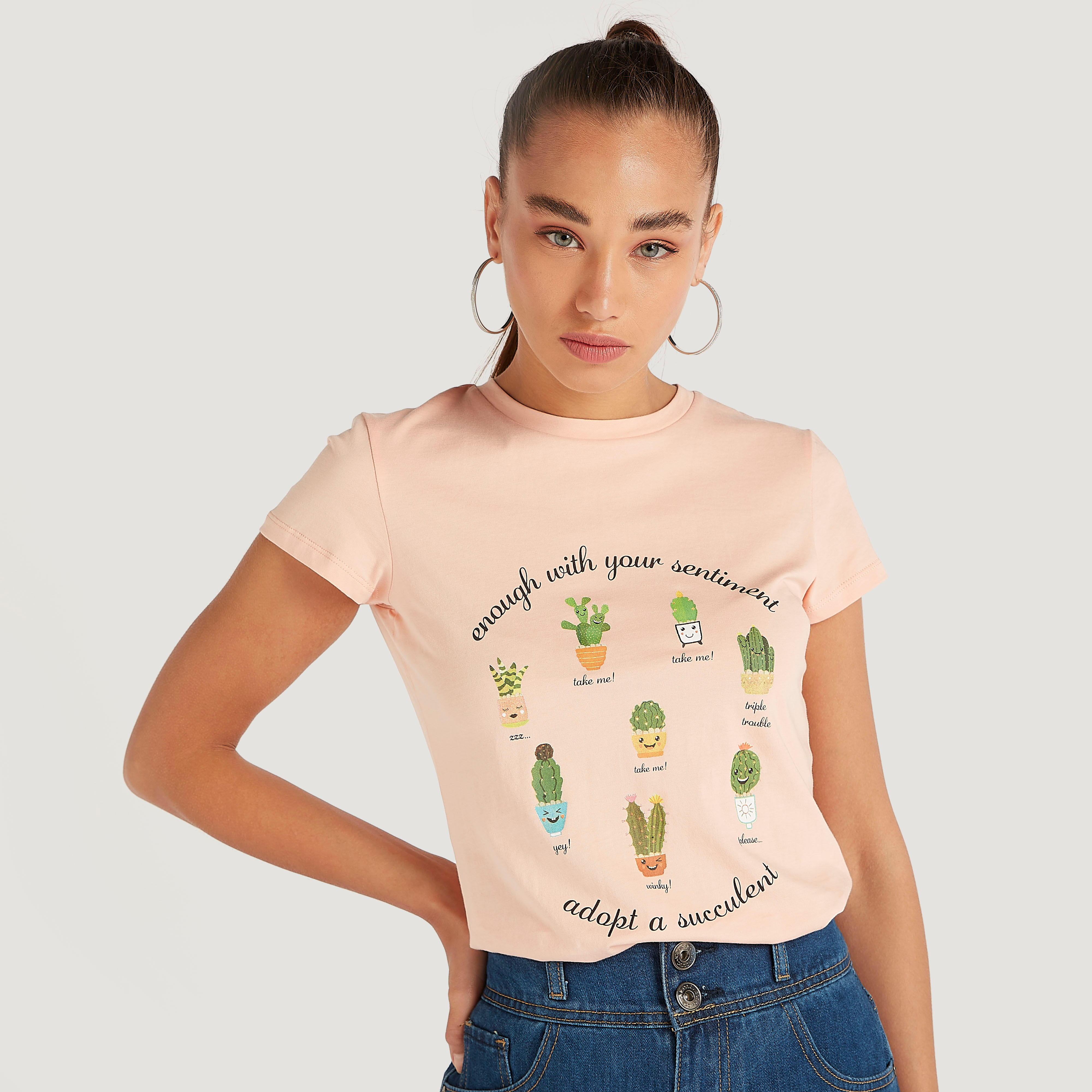 Printed Crew Neck T-shirt with Cap Sleeves-women-clothing-tshirts-image-1