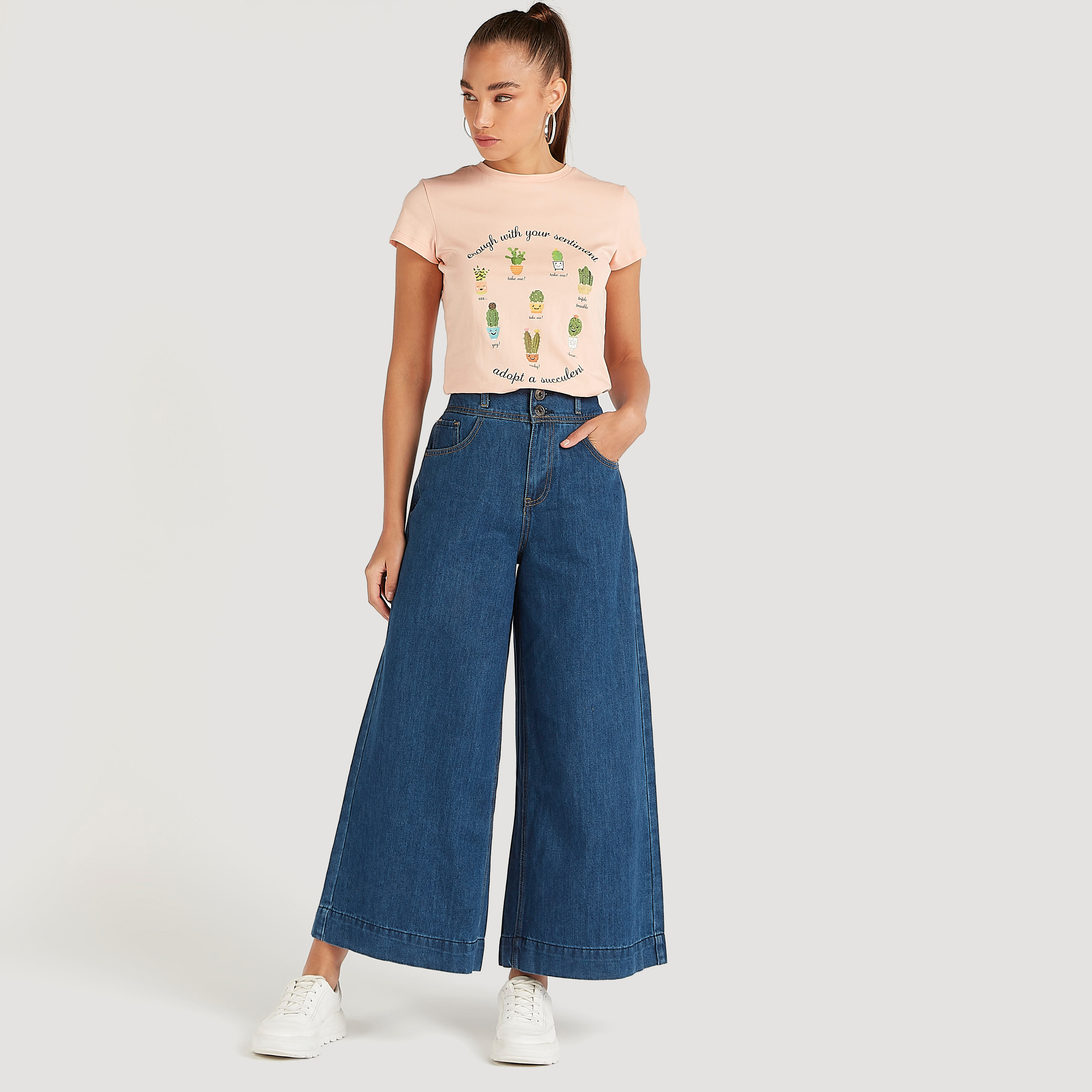 Printed Crew Neck T-shirt with Cap Sleeves-women-clothing-tshirts-image-2