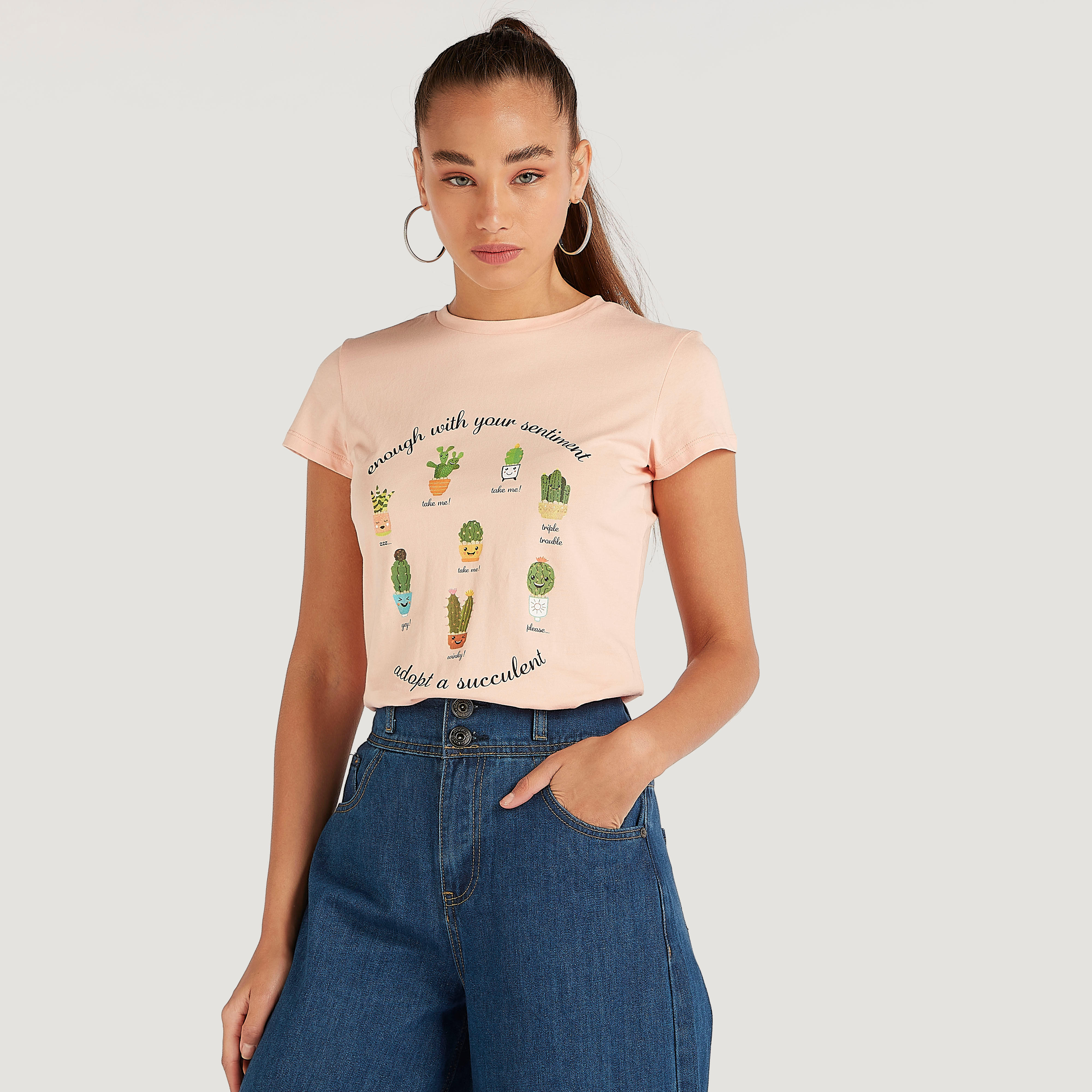 Printed Crew Neck T-shirt with Cap Sleeves-women-clothing-tshirts-image-3