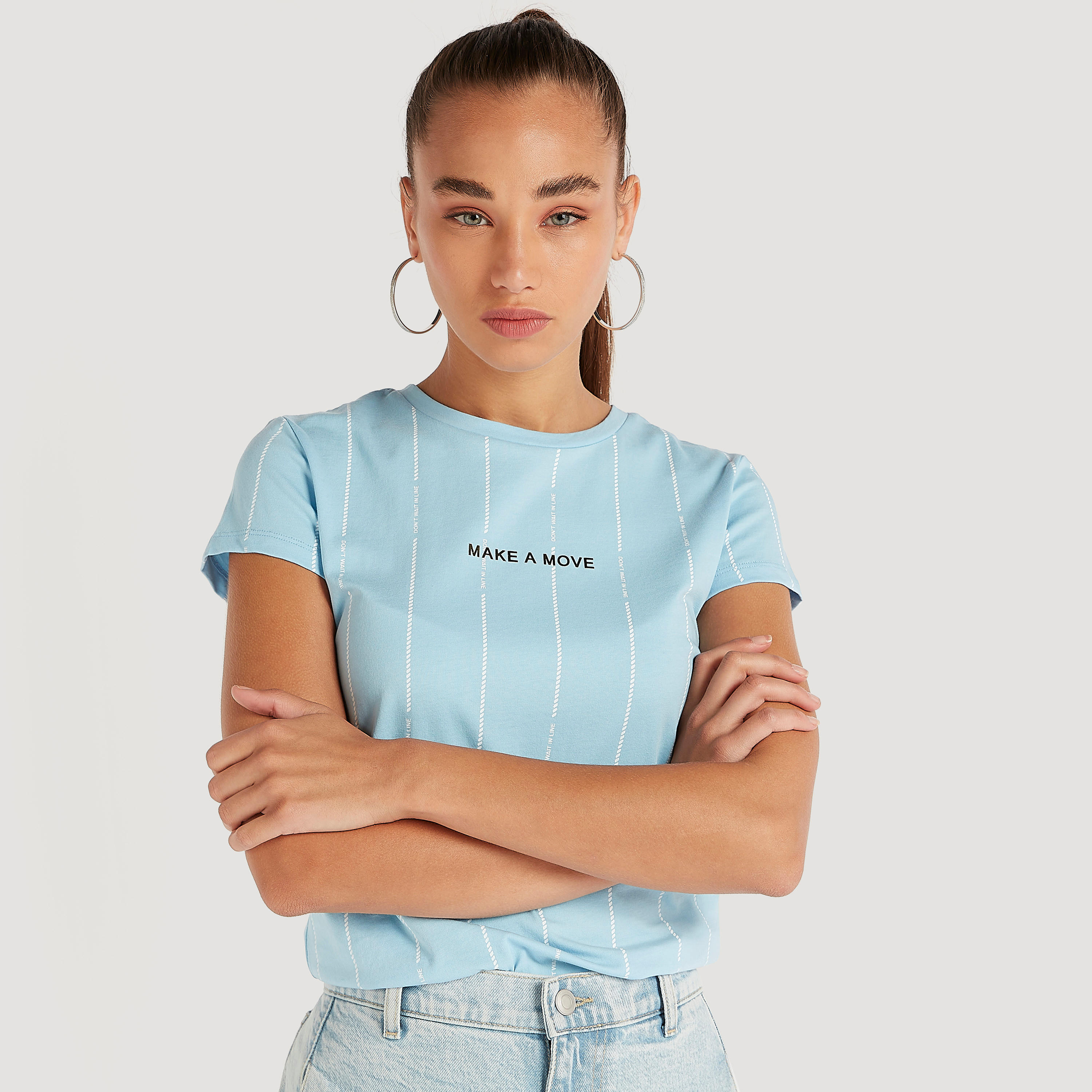 Printed Crew Neck T-shirt with Cap Sleeves-women-clothing-tshirts-image-1