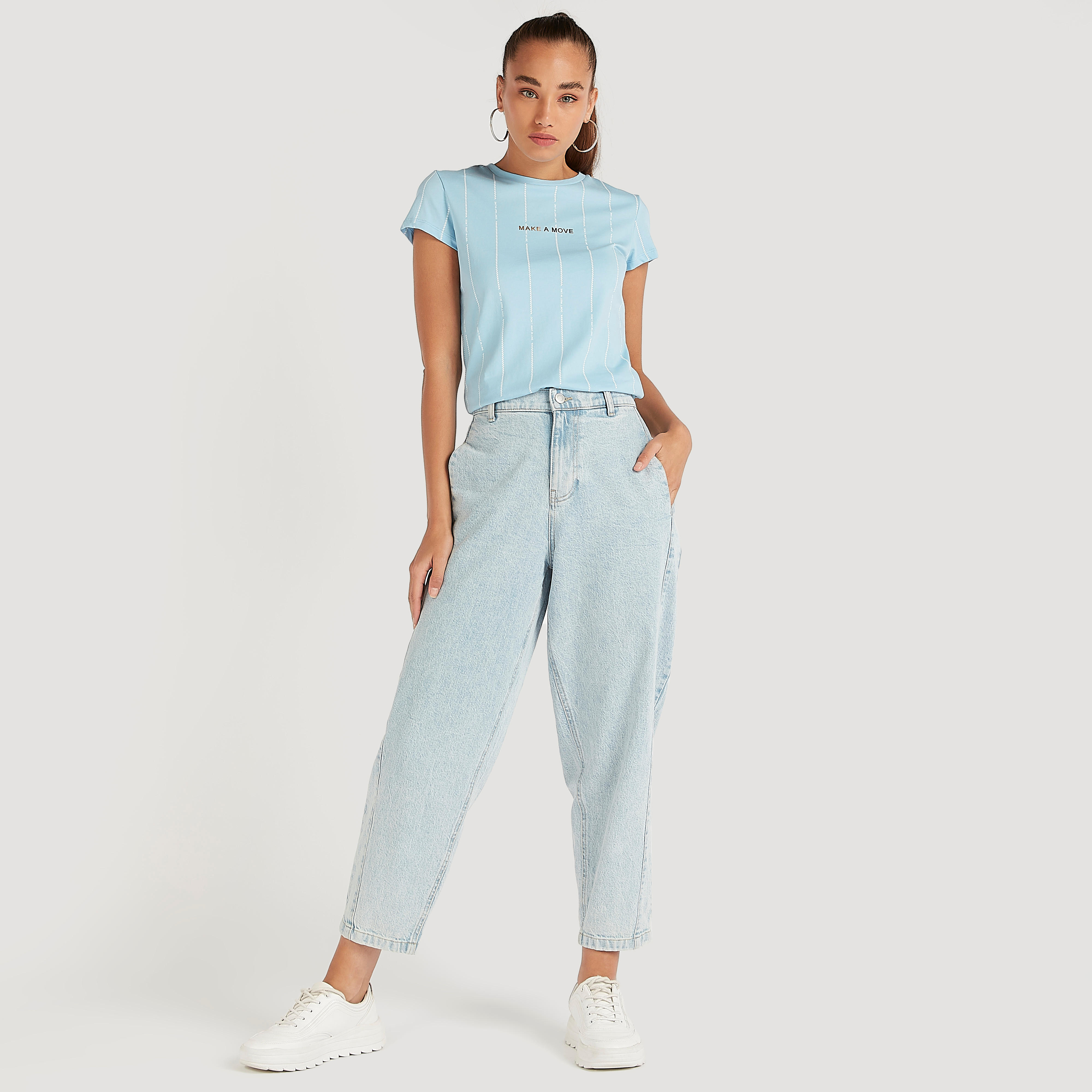 Printed Crew Neck T-shirt with Cap Sleeves-women-clothing-tshirts-image-2