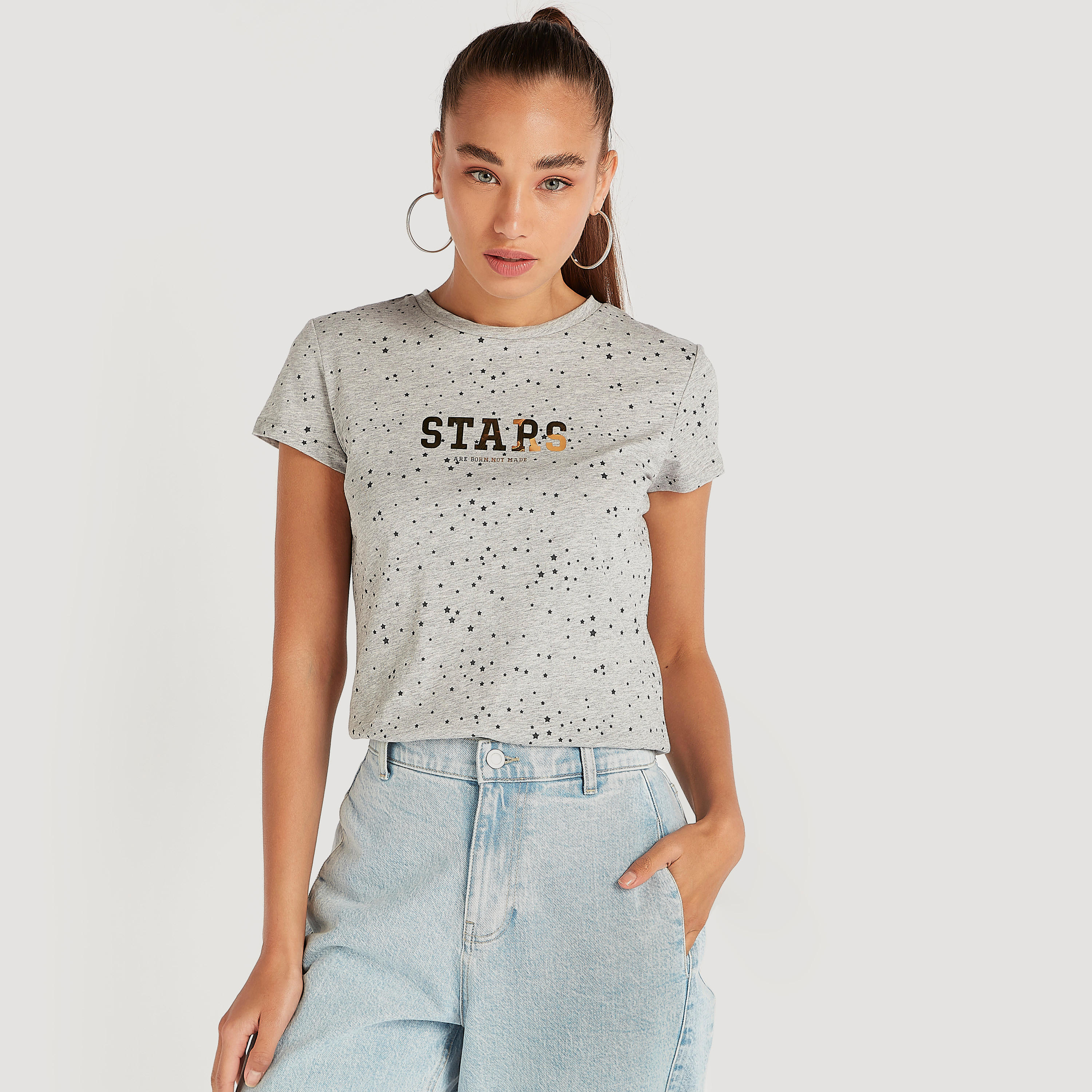 Printed Crew Neck T-shirt with Cap Sleeves-women-clothing-tshirts-image-1