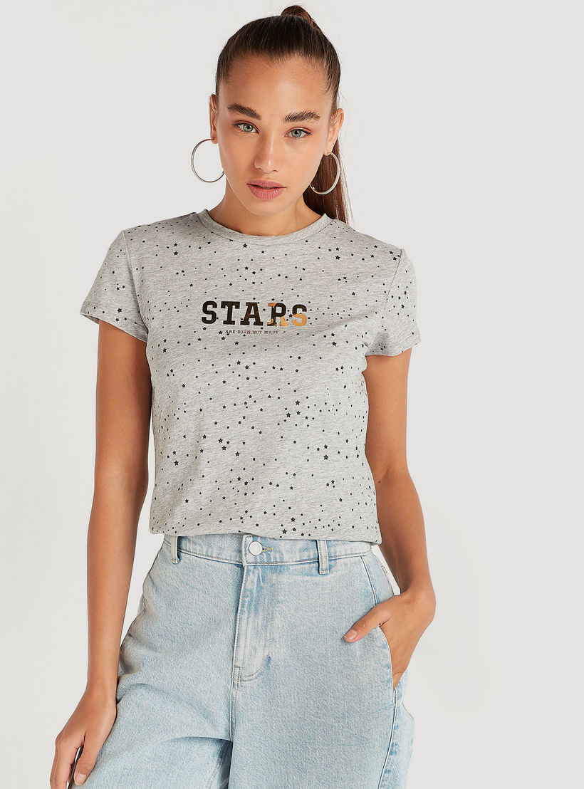 Printed Crew Neck T-shirt with Cap Sleeves-women-clothing-tshirts-image-1
