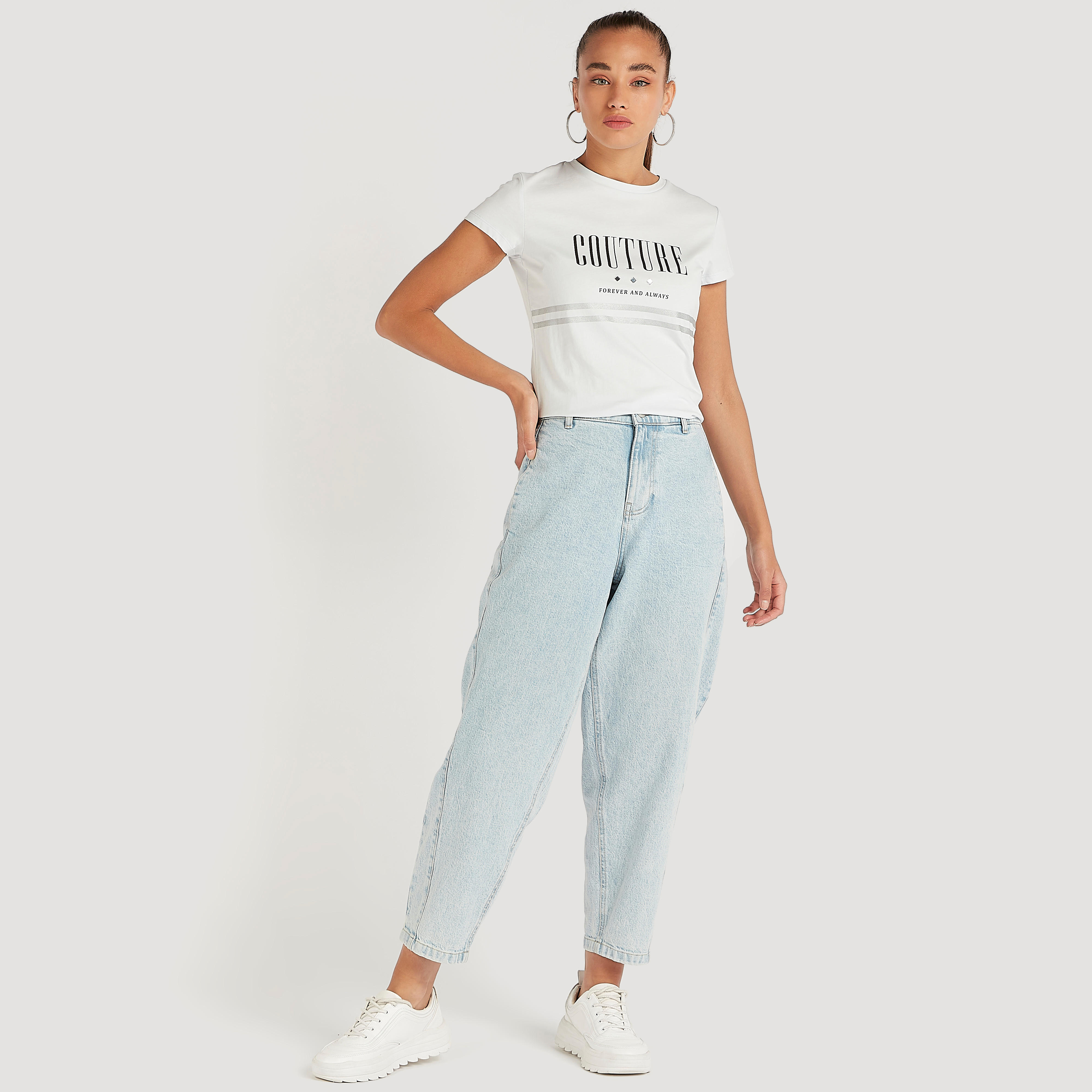 Printed Crew Neck T-shirt with Cap Sleeves-women-clothing-tshirts-image-2