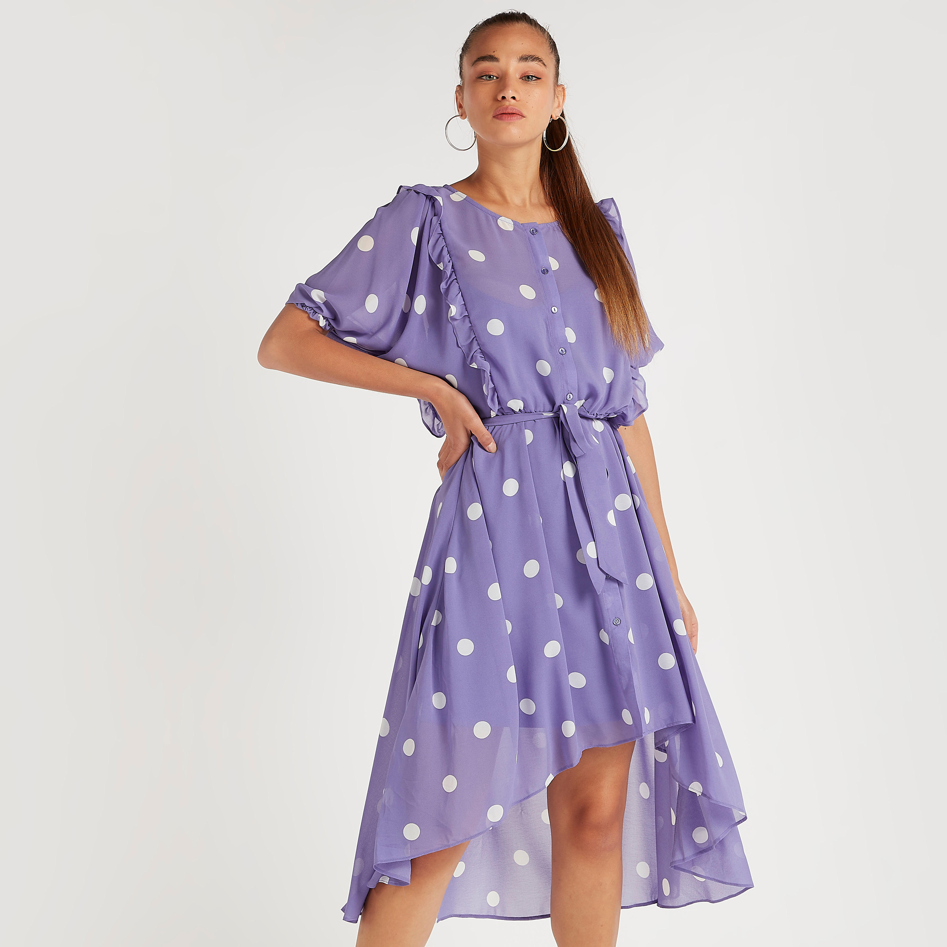 فستان ميدي مقلّم برباط خصر وتفاصيل كشكشة-women-clothing-dresses-image-1