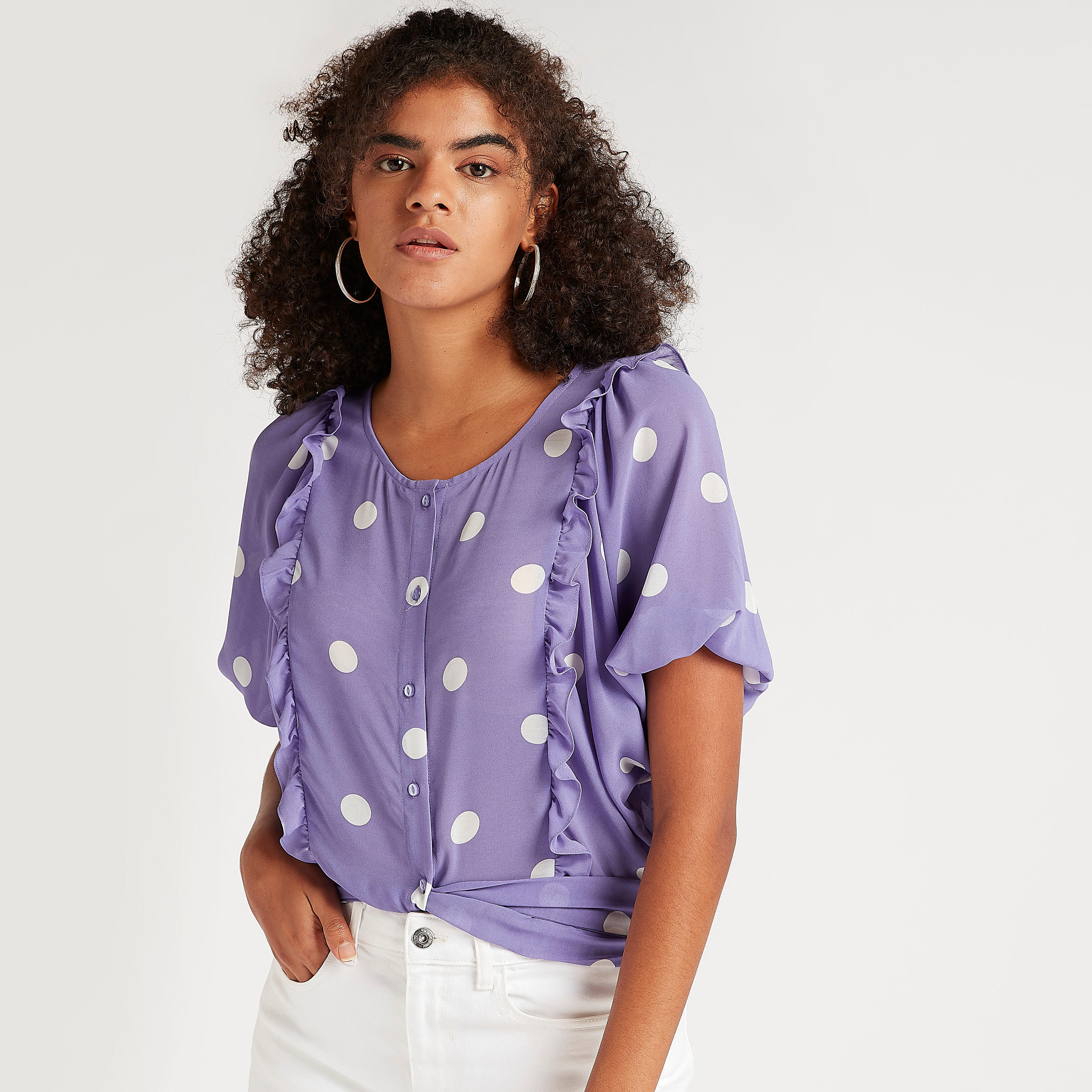 بلوزة منقّطة بياقة مستديرة وأكمام قصيرة-women-clothing-shirtsandblouses-blouses-image-5