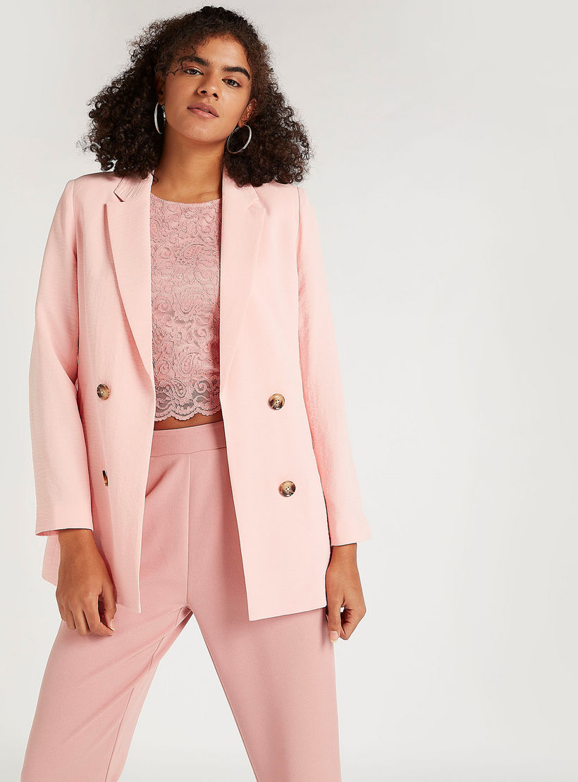 Solid Double Breasted Jacket with Long Sleeves and Notched Lapels-women-winterwear-coatsandjackets-jackets-image-1