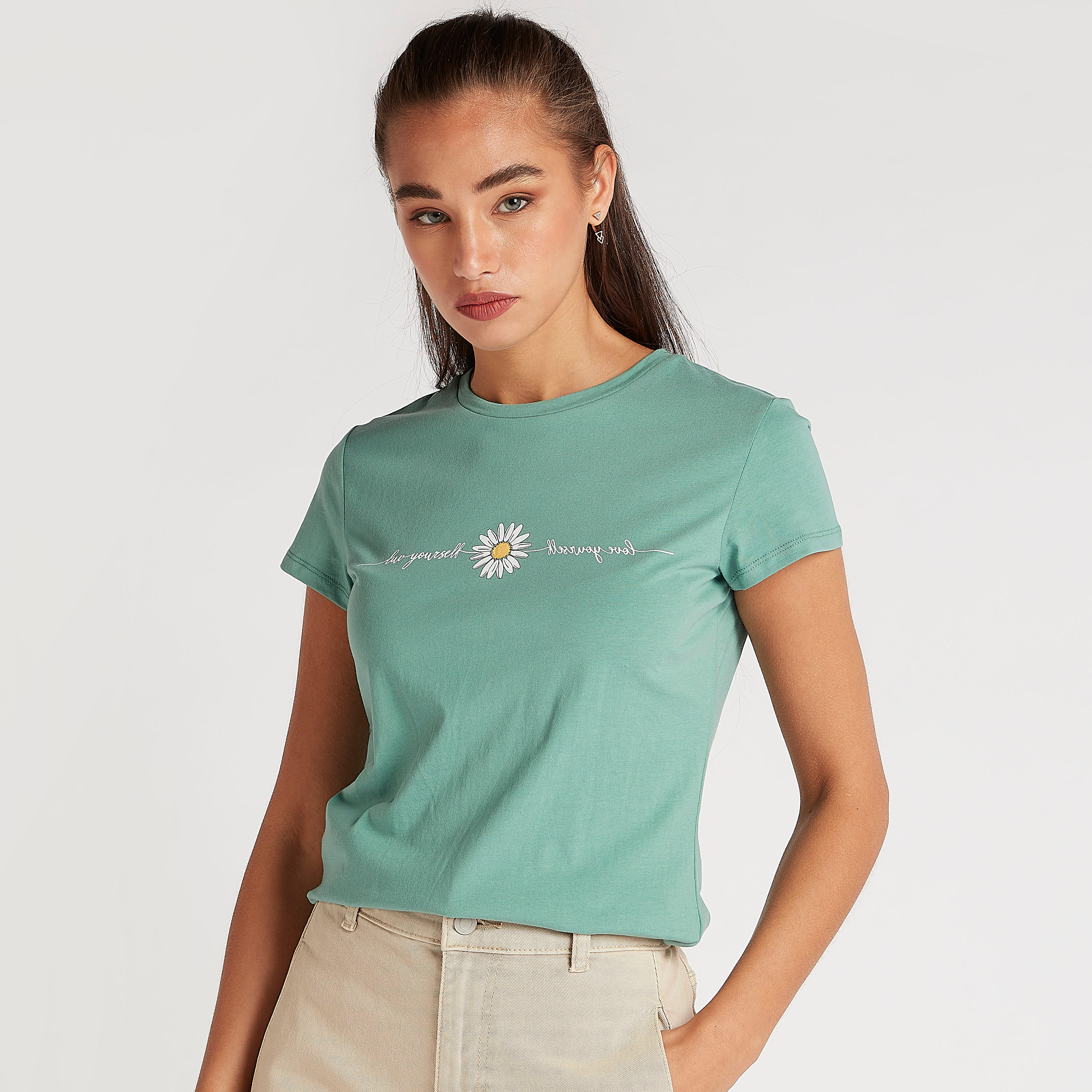 Printed T-shirt with Crew Neck and Cap Sleeves-women-clothing-tshirts-image-1