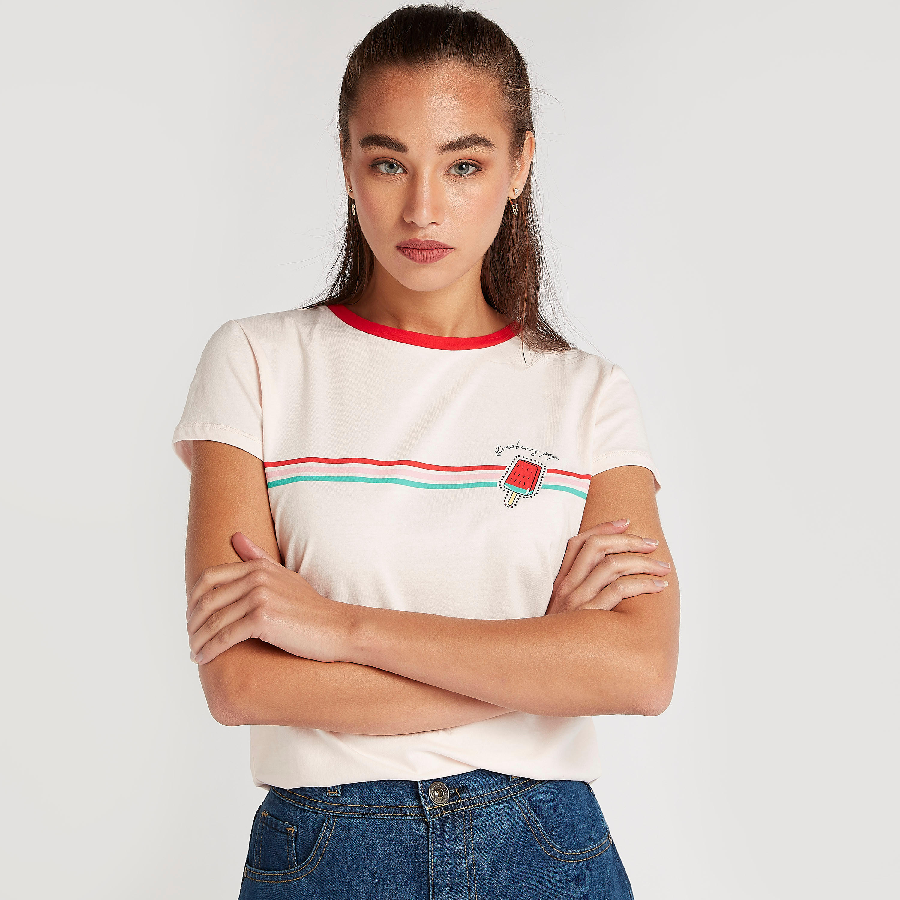 Printed T-shirt with Crew Neck and Cap Sleeves-women-clothing-tshirts-image-1