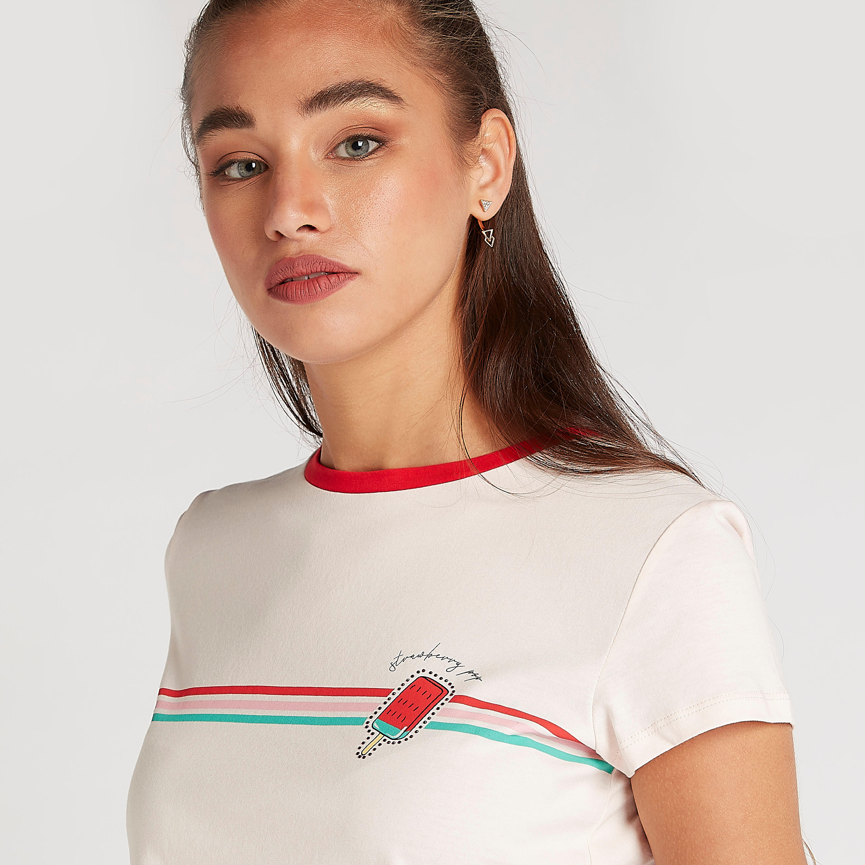 Printed T-shirt with Crew Neck and Cap Sleeves-women-clothing-tshirts-image-3