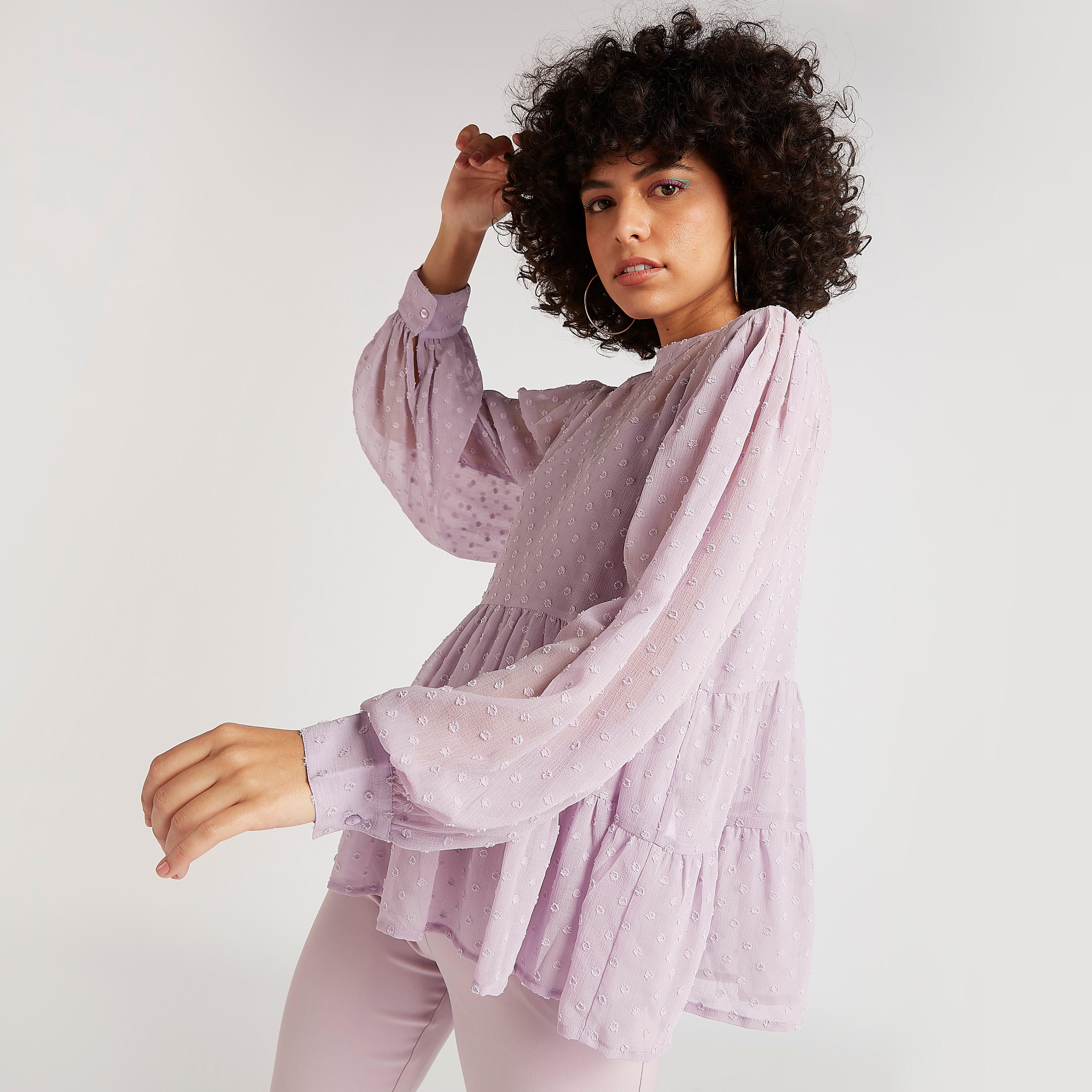 Textured Flared Peplum Top with High Neck and Long Sleeves-women-clothing-shirtsandblouses-blouses-image-1