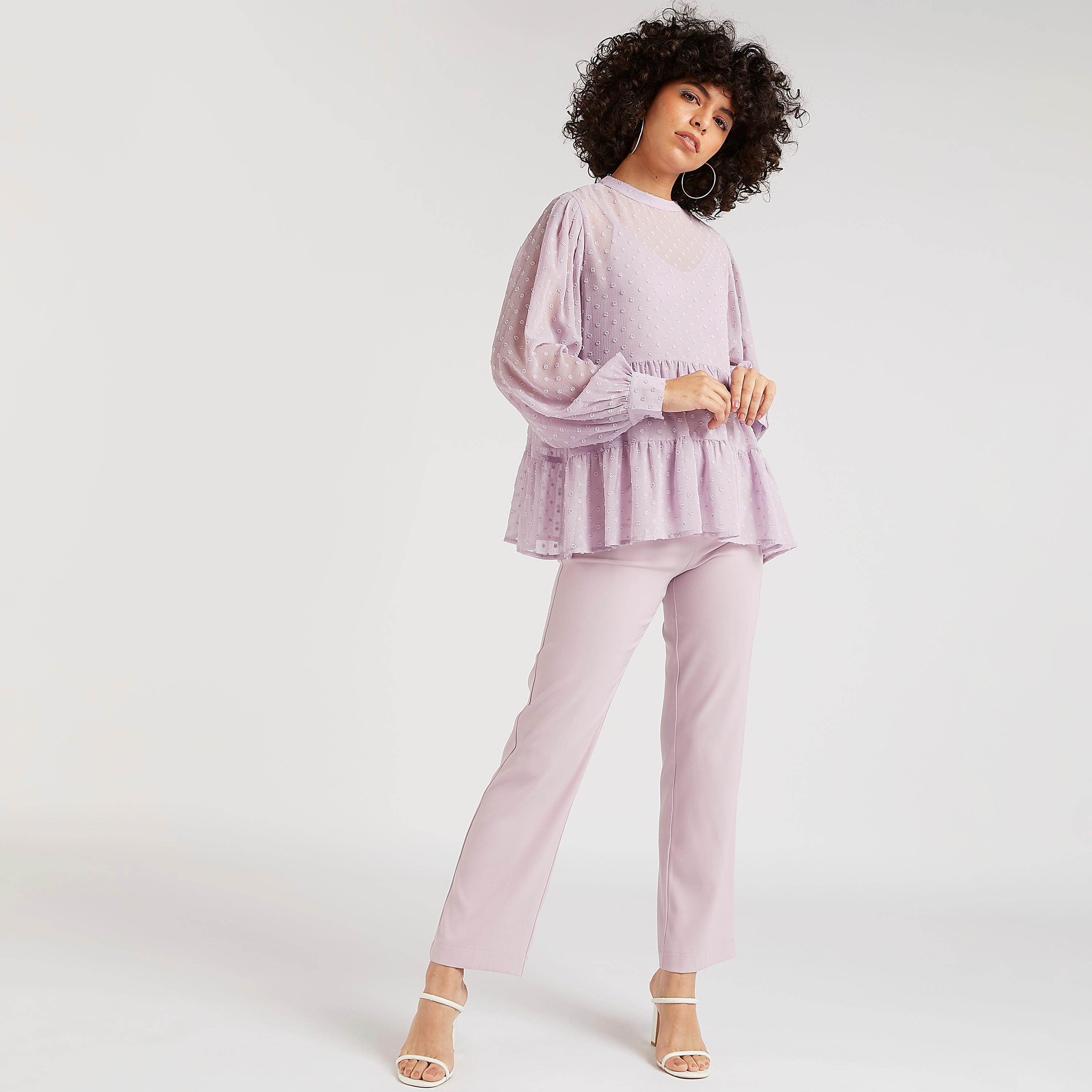 Textured Flared Peplum Top with High Neck and Long Sleeves-women-clothing-shirtsandblouses-blouses-image-2