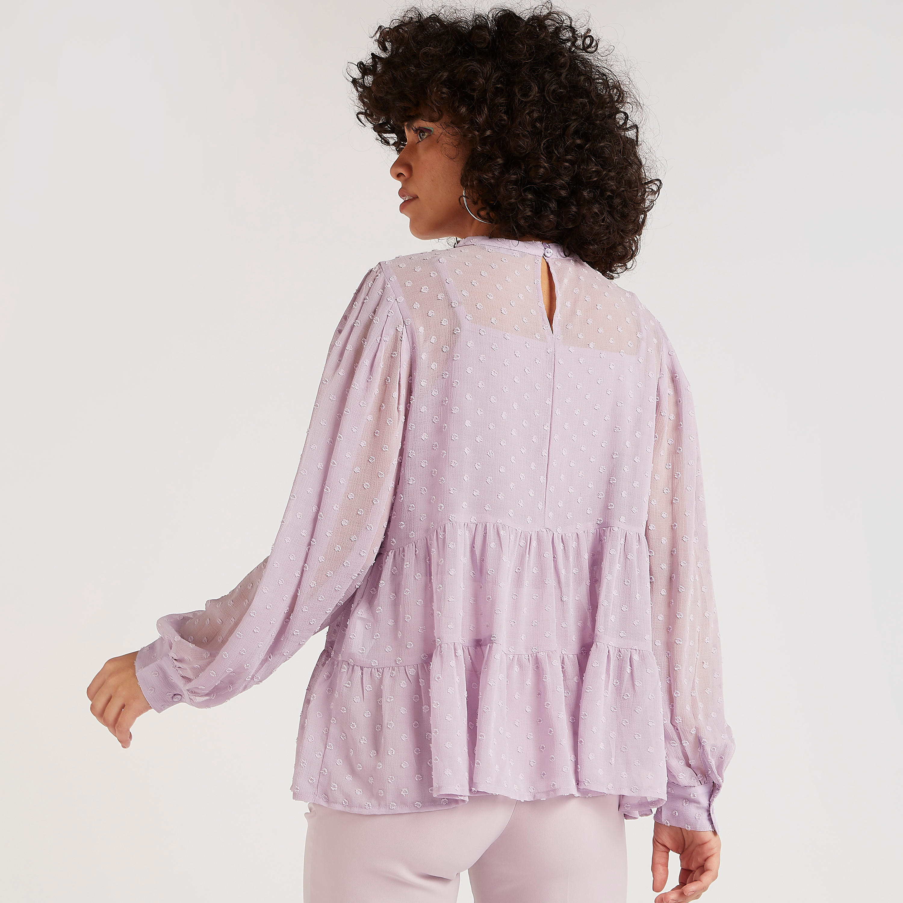 Textured Flared Peplum Top with High Neck and Long Sleeves-women-clothing-shirtsandblouses-blouses-image-4