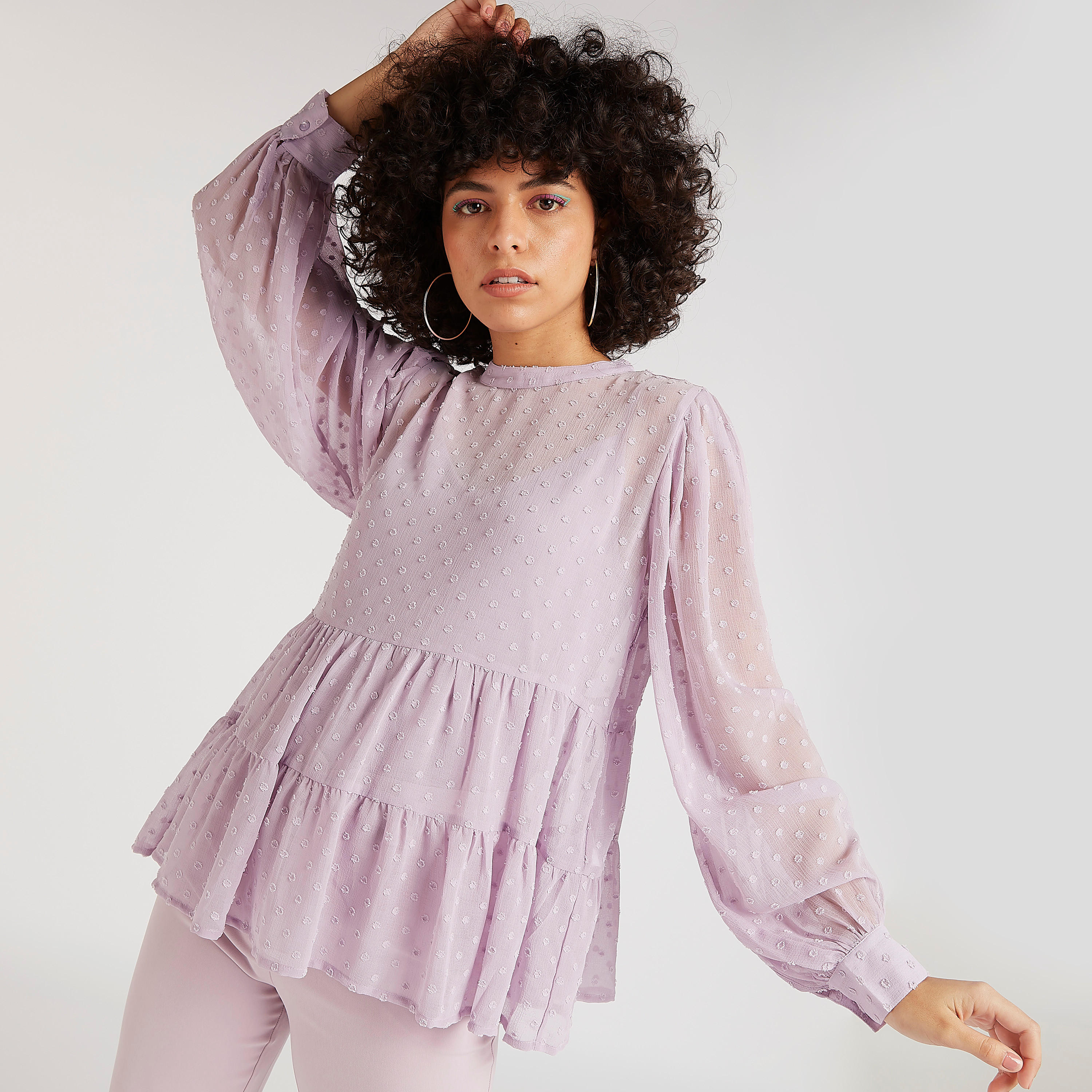 Textured Flared Peplum Top with High Neck and Long Sleeves-women-clothing-shirtsandblouses-blouses-image-5