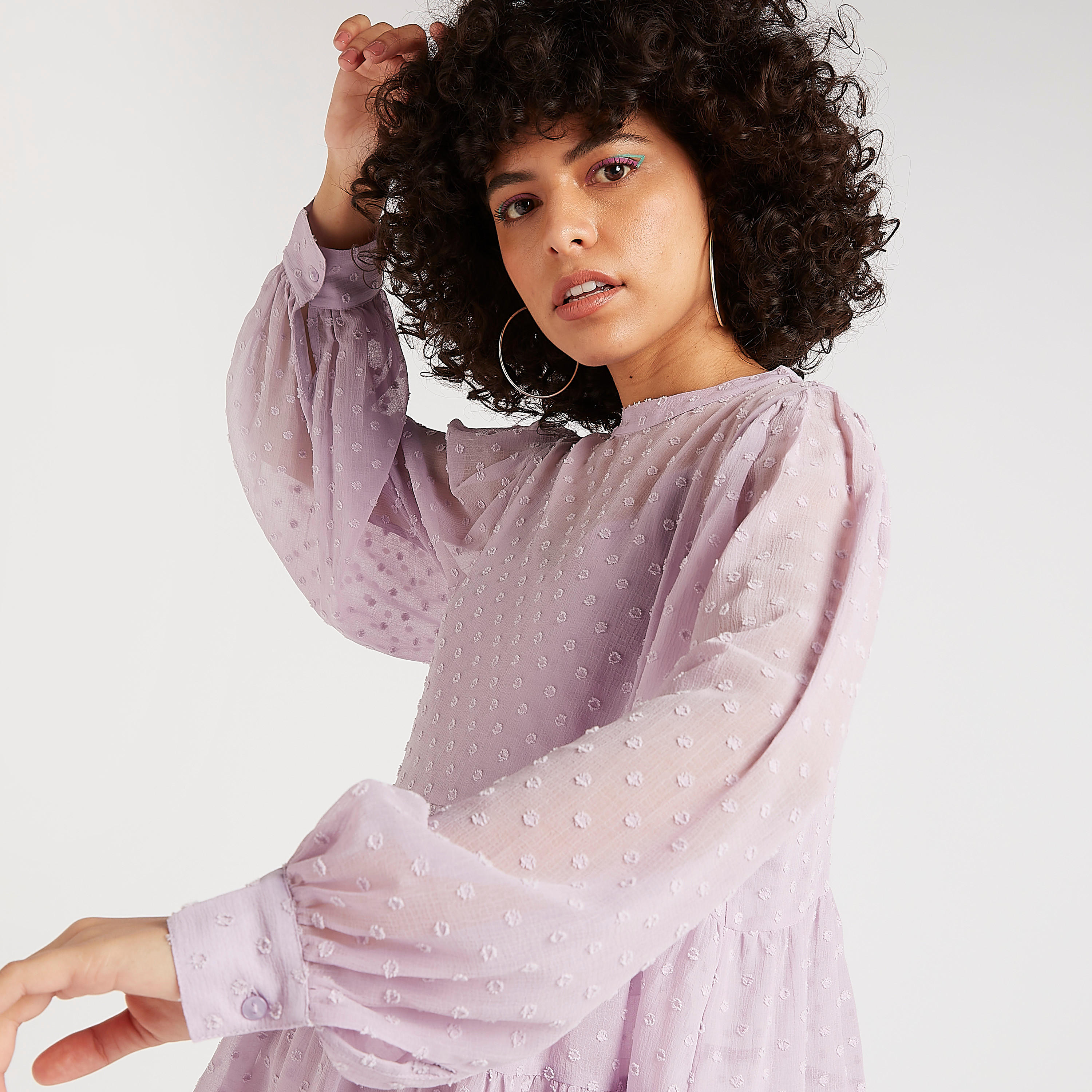 Textured Flared Peplum Top with High Neck and Long Sleeves-women-clothing-shirtsandblouses-blouses-image-7