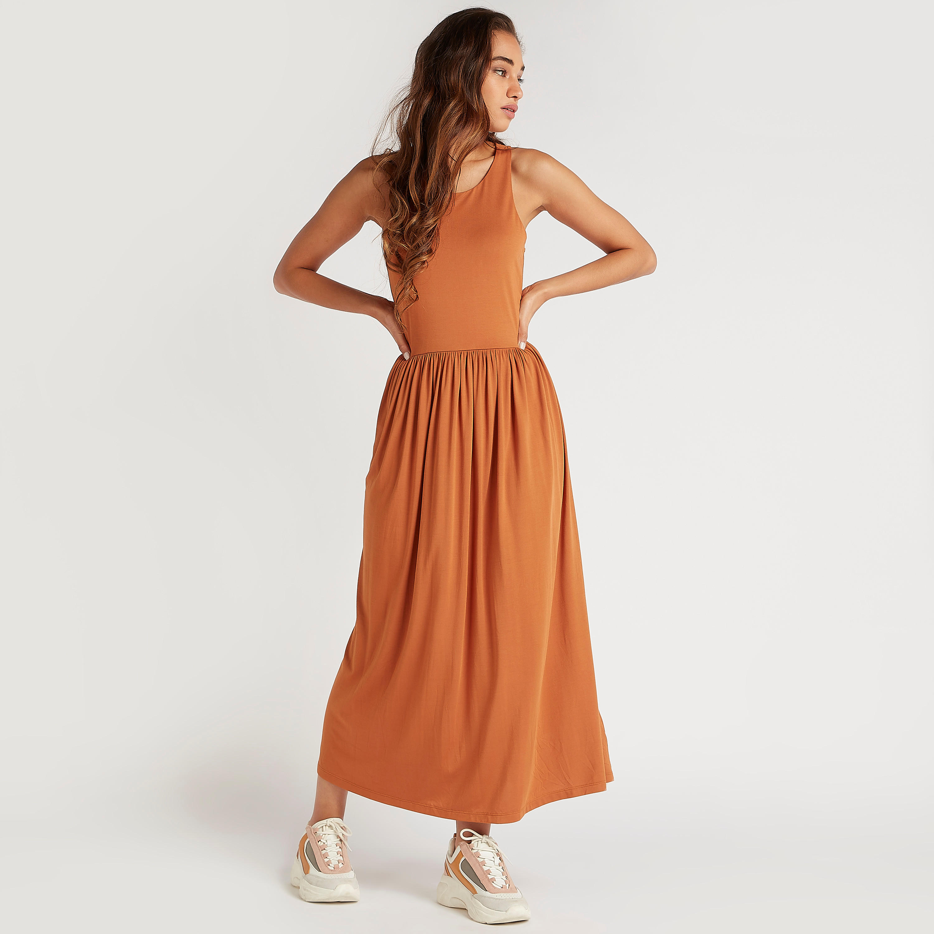 فستان ميدي إيه لاين قصير سادة بياقة مستديرة-women-clothing-dresses-image-1
