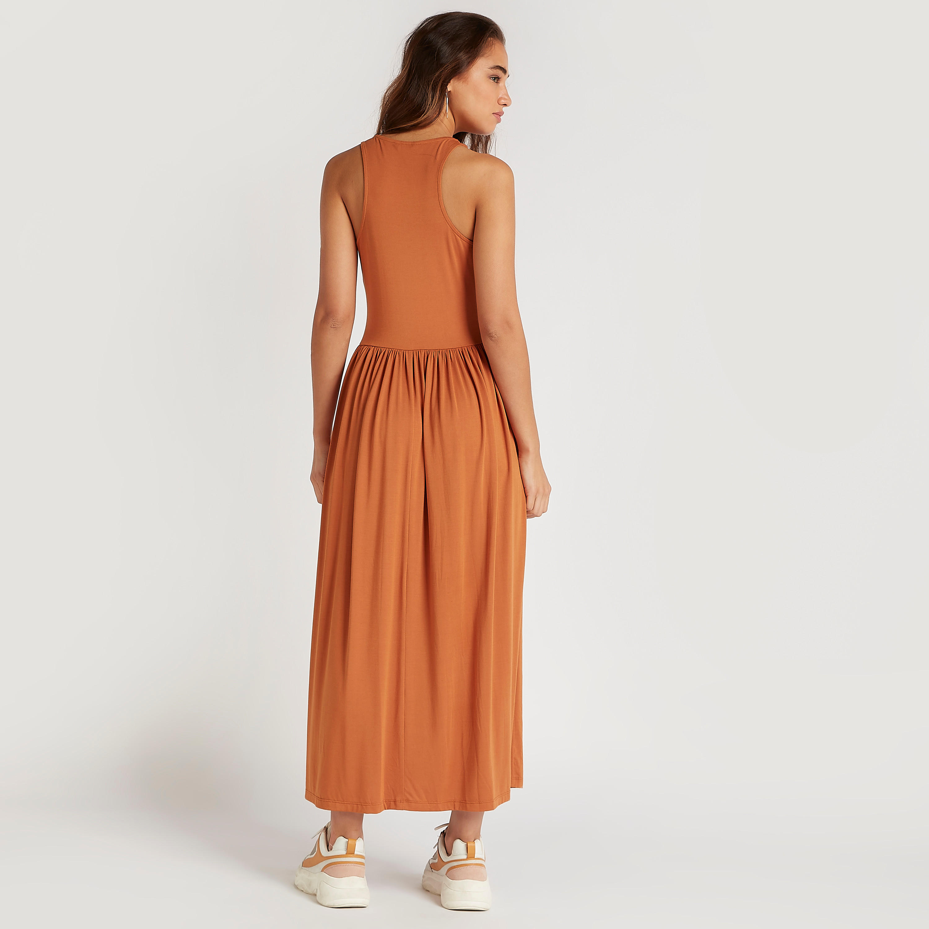 فستان ميدي إيه لاين قصير سادة بياقة مستديرة-women-clothing-dresses-image-4