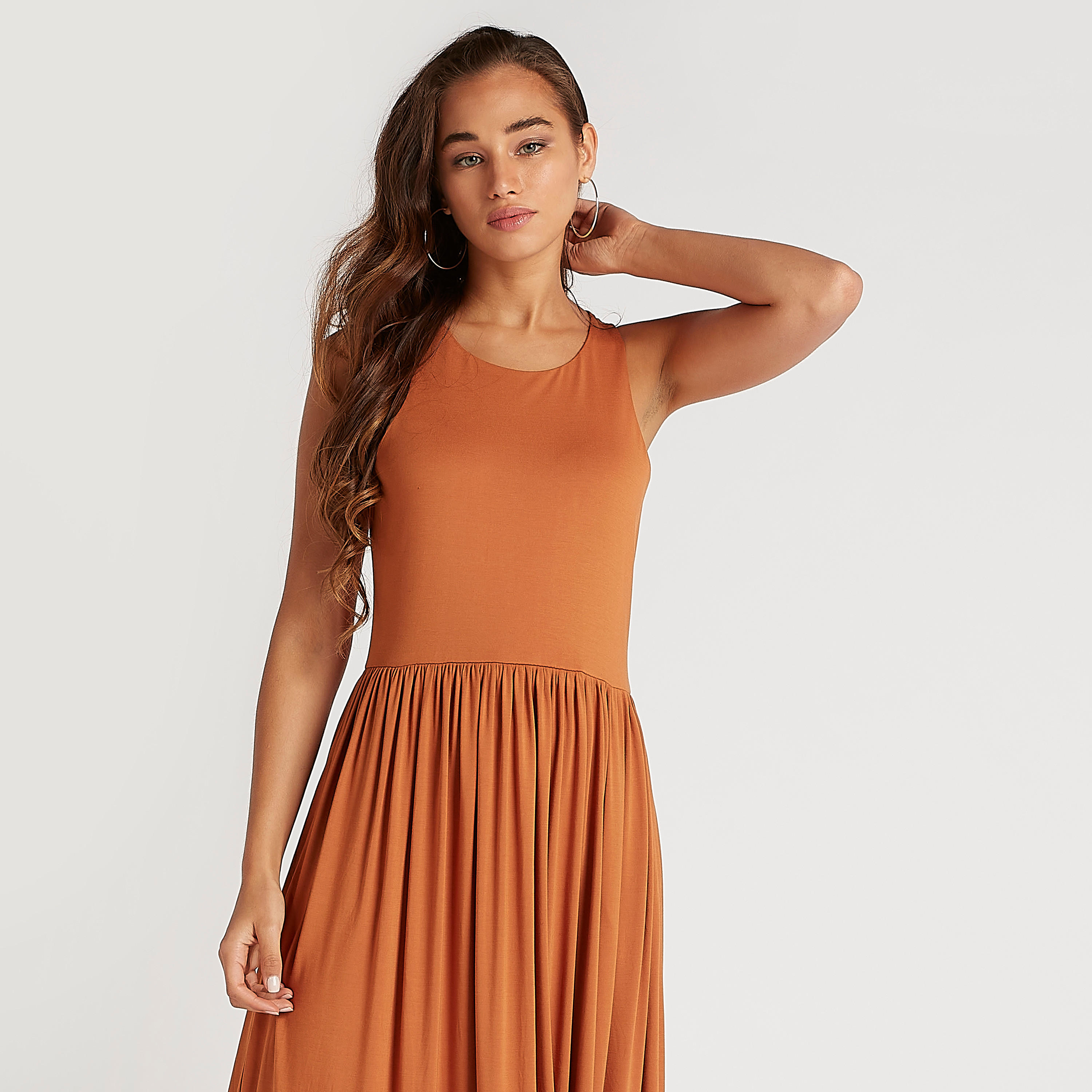 فستان ميدي إيه لاين قصير سادة بياقة مستديرة-women-clothing-dresses-image-5