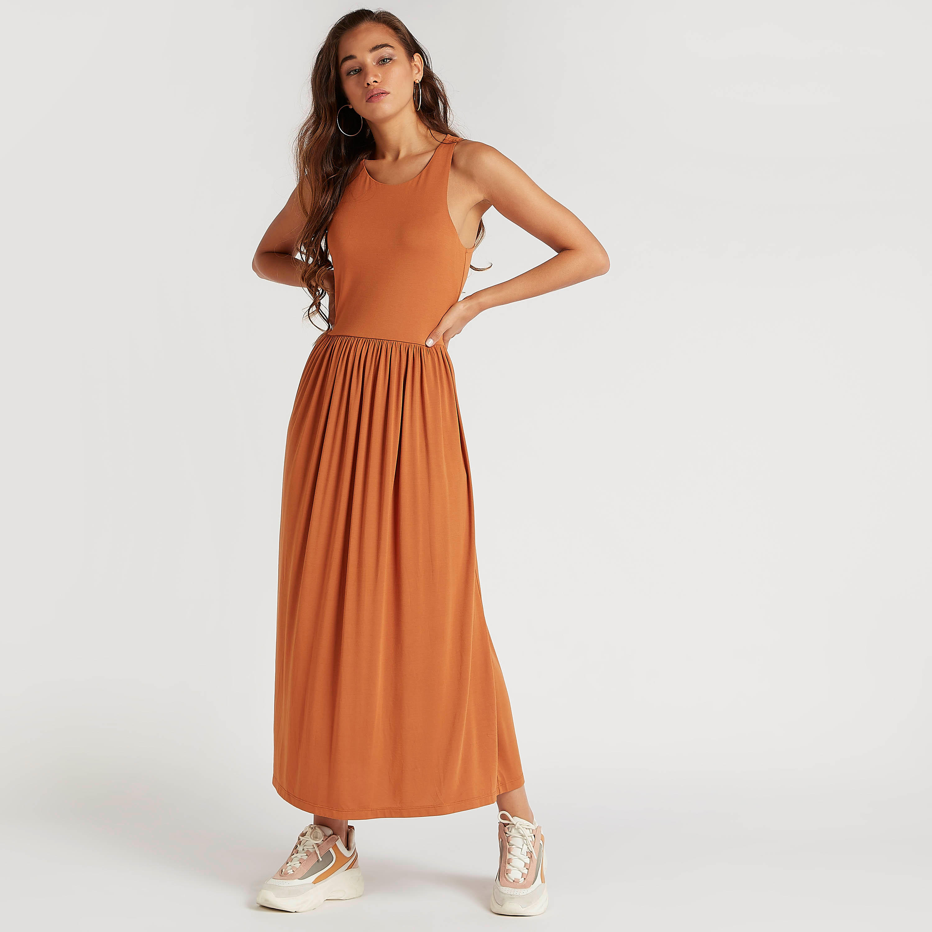 فستان ميدي إيه لاين قصير سادة بياقة مستديرة-women-clothing-dresses-image-7