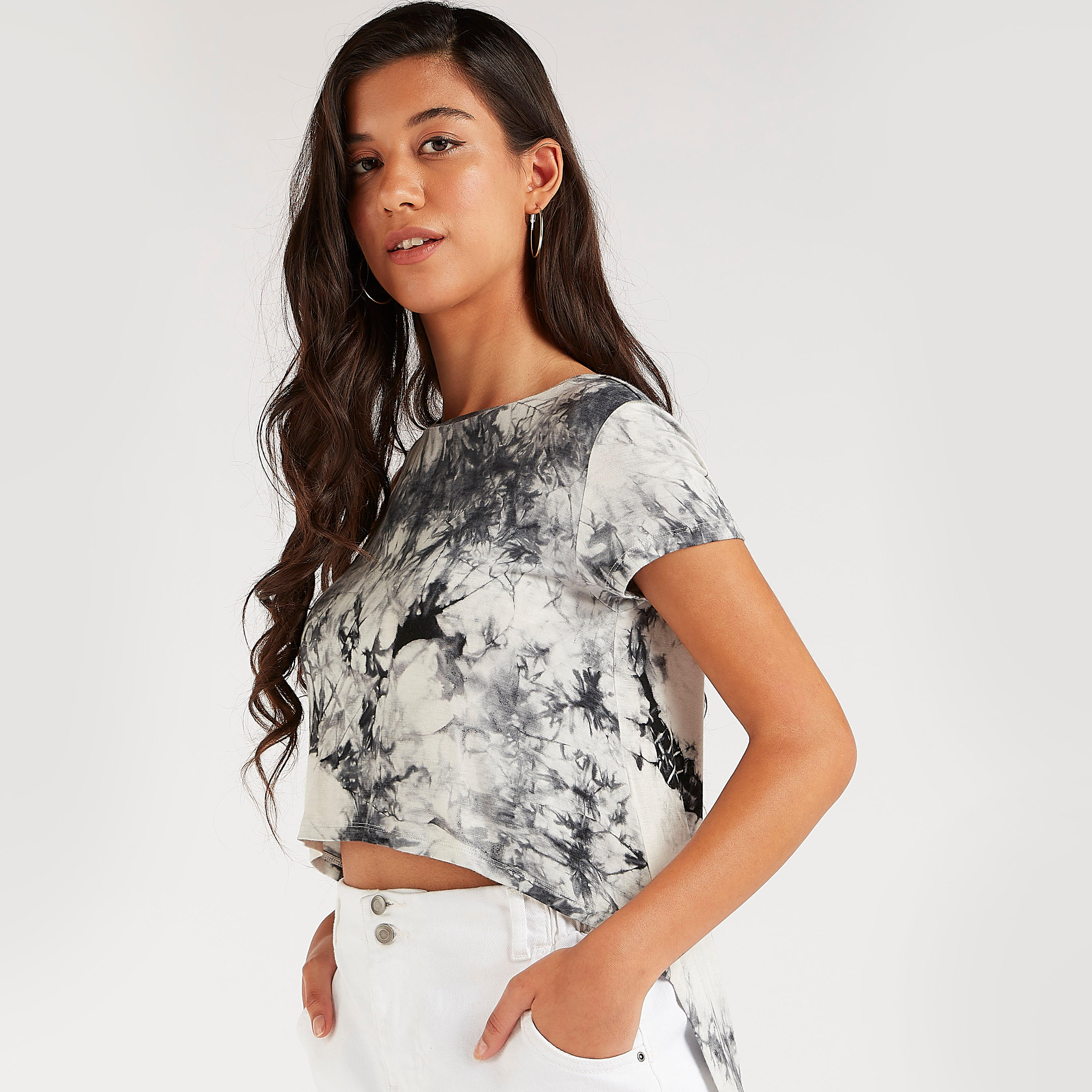 Tie-Dye Print Asymmetric Longline T-shirt with Cap Sleeves-women-clothing-tshirts-image-3