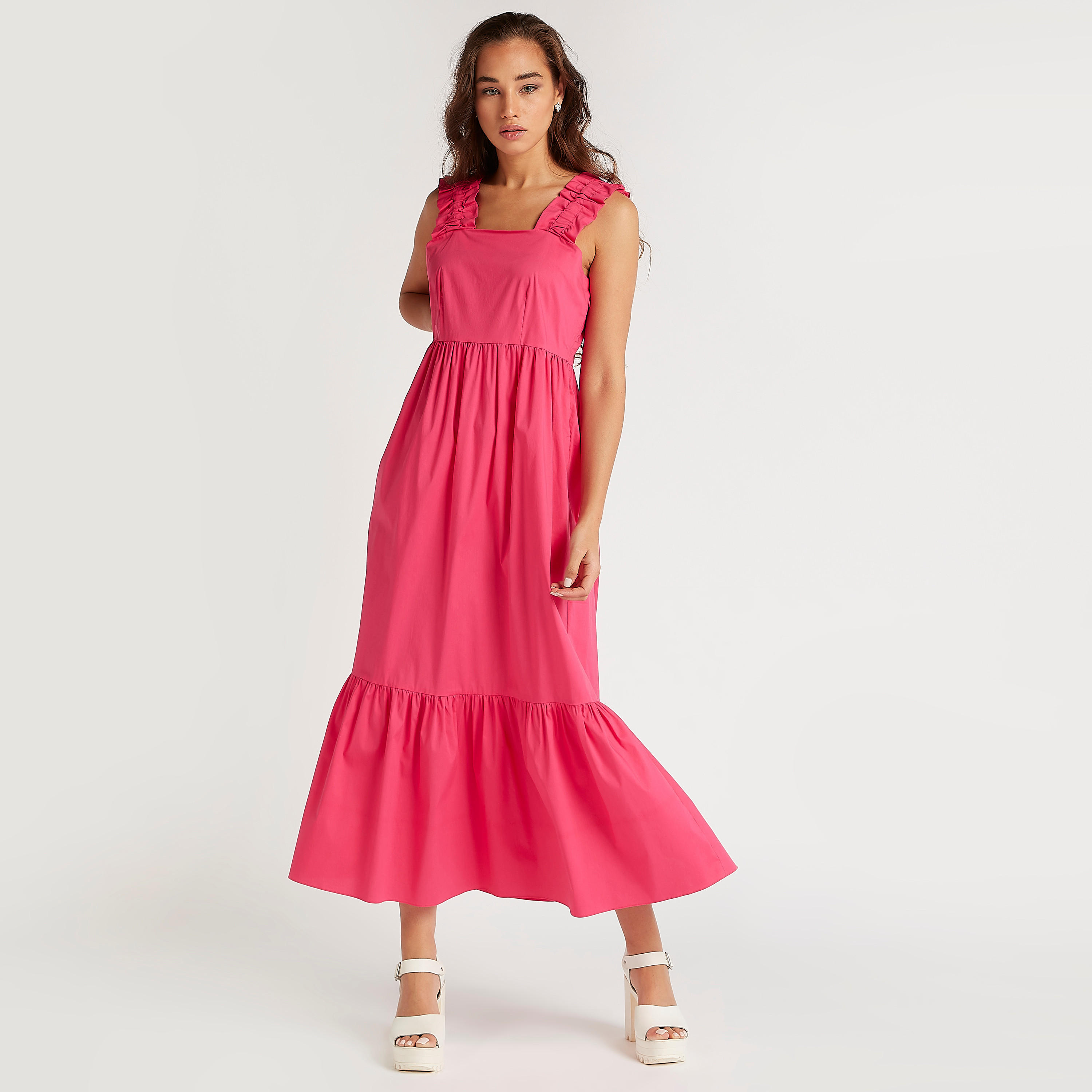 فستان ميدي إيه لاين بارز الملمس بتفاصيل كشكشة وحمّالات كتف-women-clothing-dresses-image-1