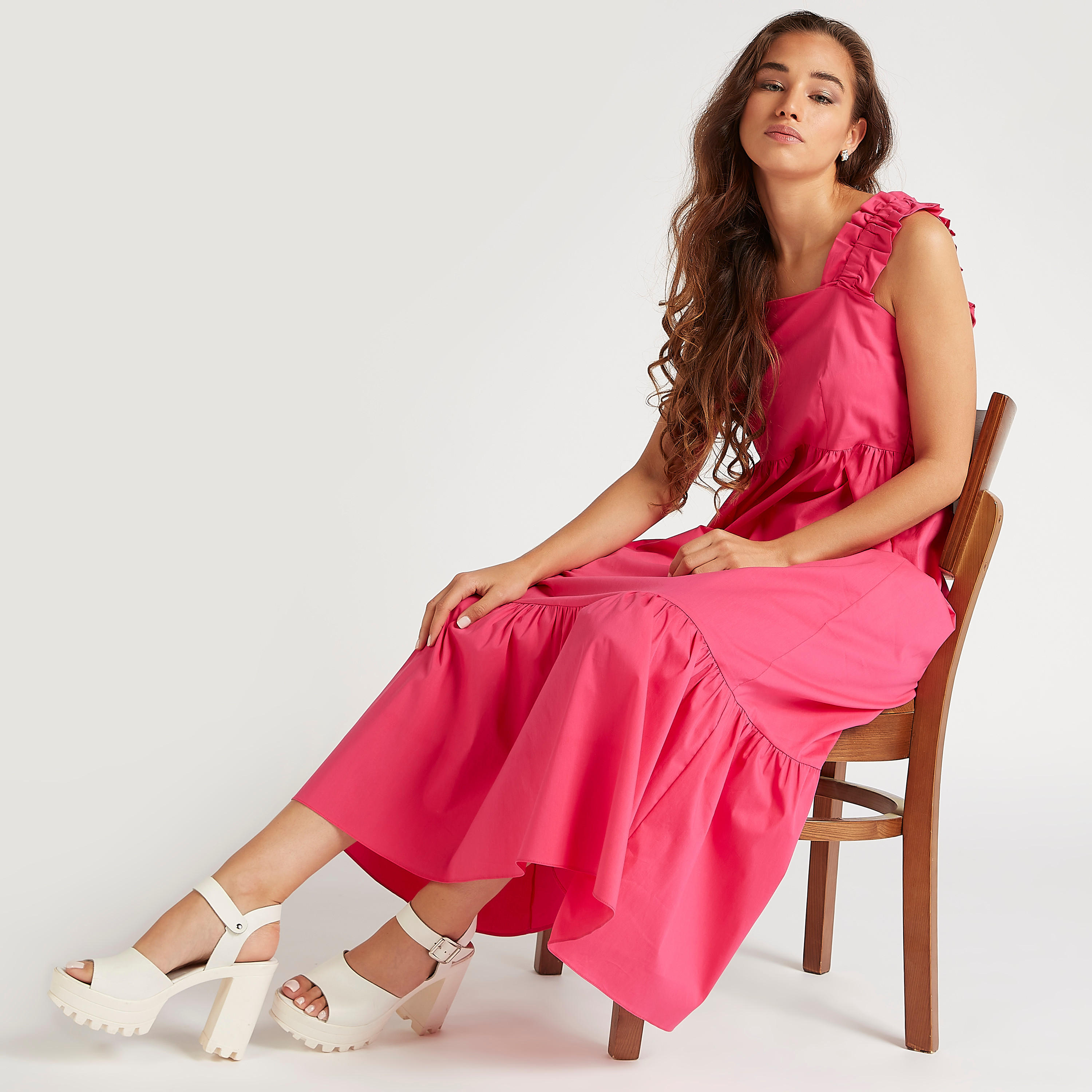 فستان ميدي إيه لاين بارز الملمس بتفاصيل كشكشة وحمّالات كتف-women-clothing-dresses-image-2