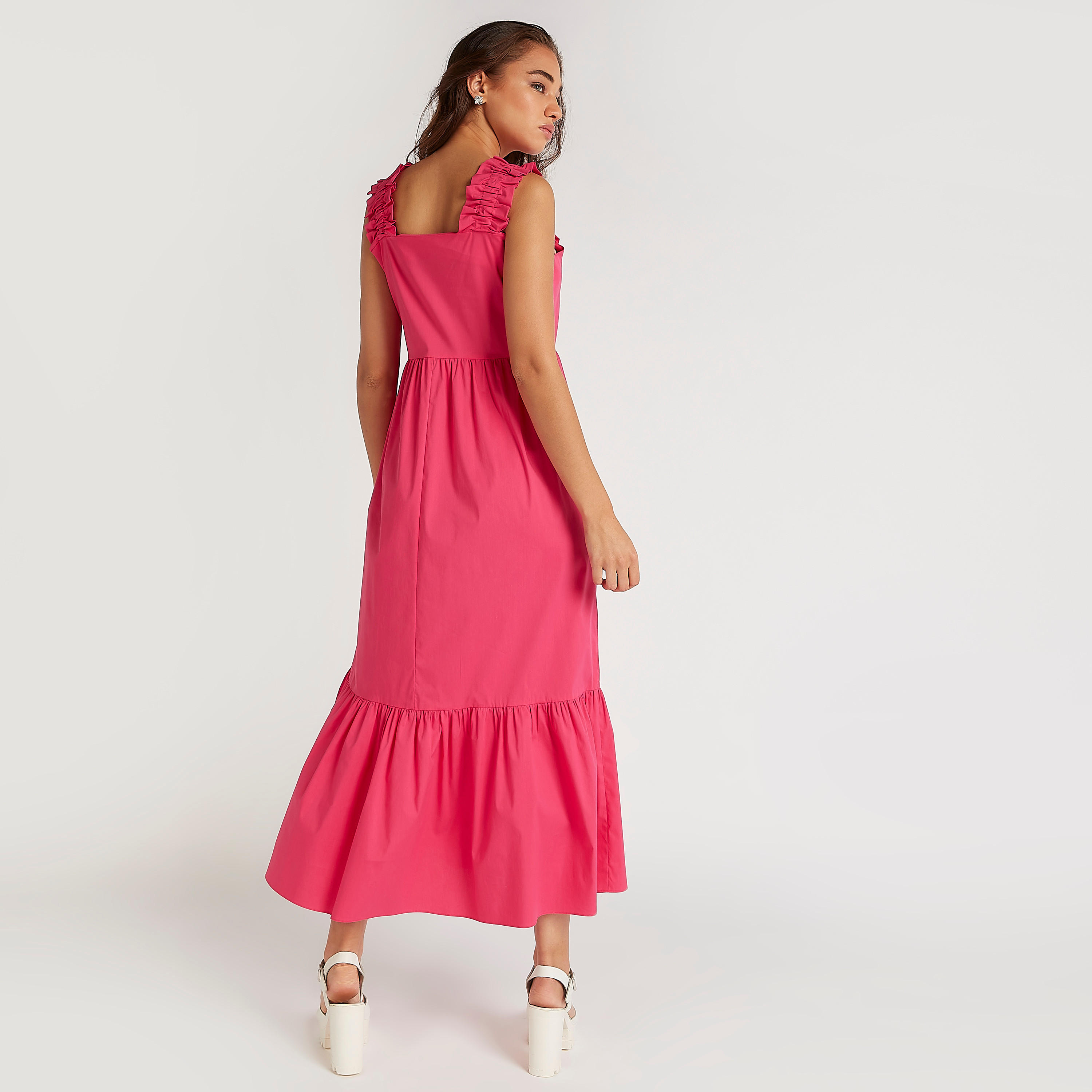 فستان ميدي إيه لاين بارز الملمس بتفاصيل كشكشة وحمّالات كتف-women-clothing-dresses-image-4