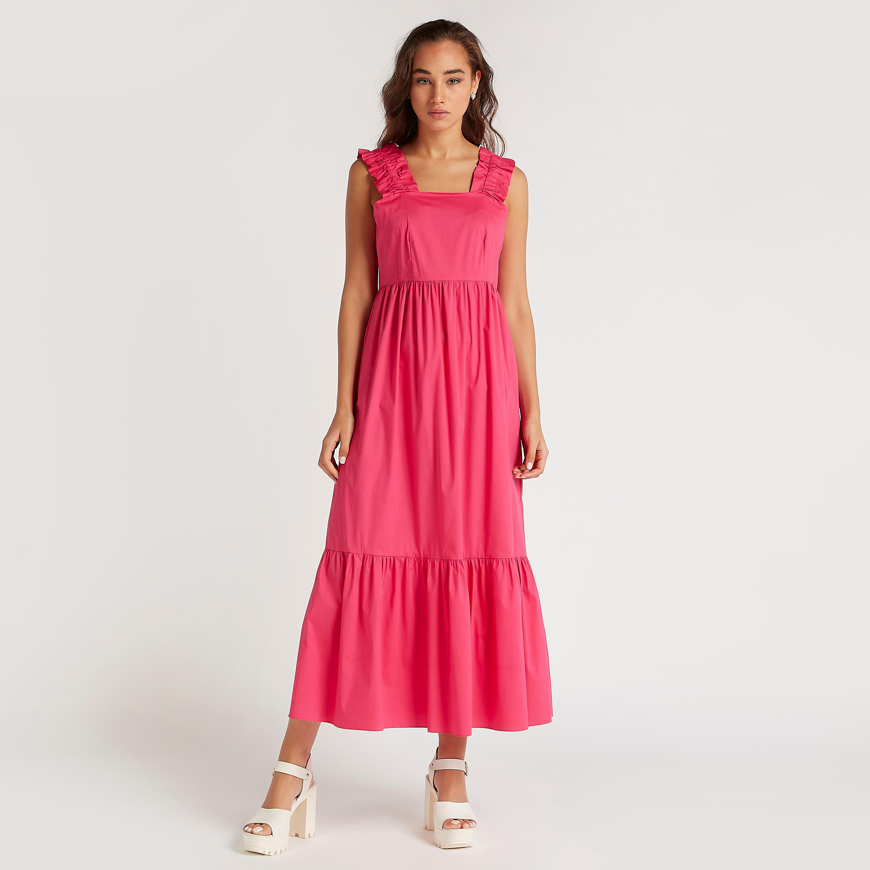 فستان ميدي إيه لاين بارز الملمس بتفاصيل كشكشة وحمّالات كتف-women-clothing-dresses-image-5