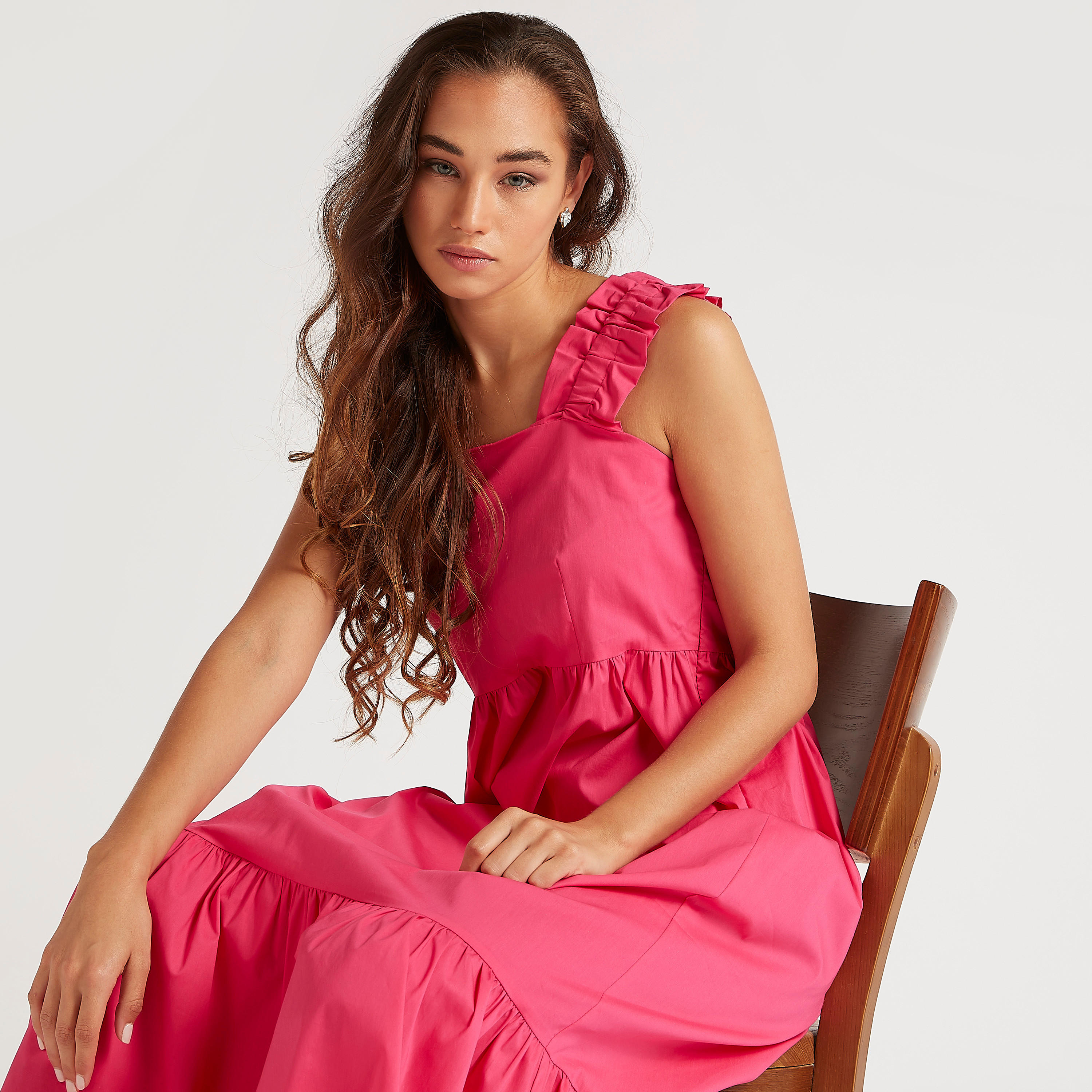 فستان ميدي إيه لاين بارز الملمس بتفاصيل كشكشة وحمّالات كتف-women-clothing-dresses-image-7