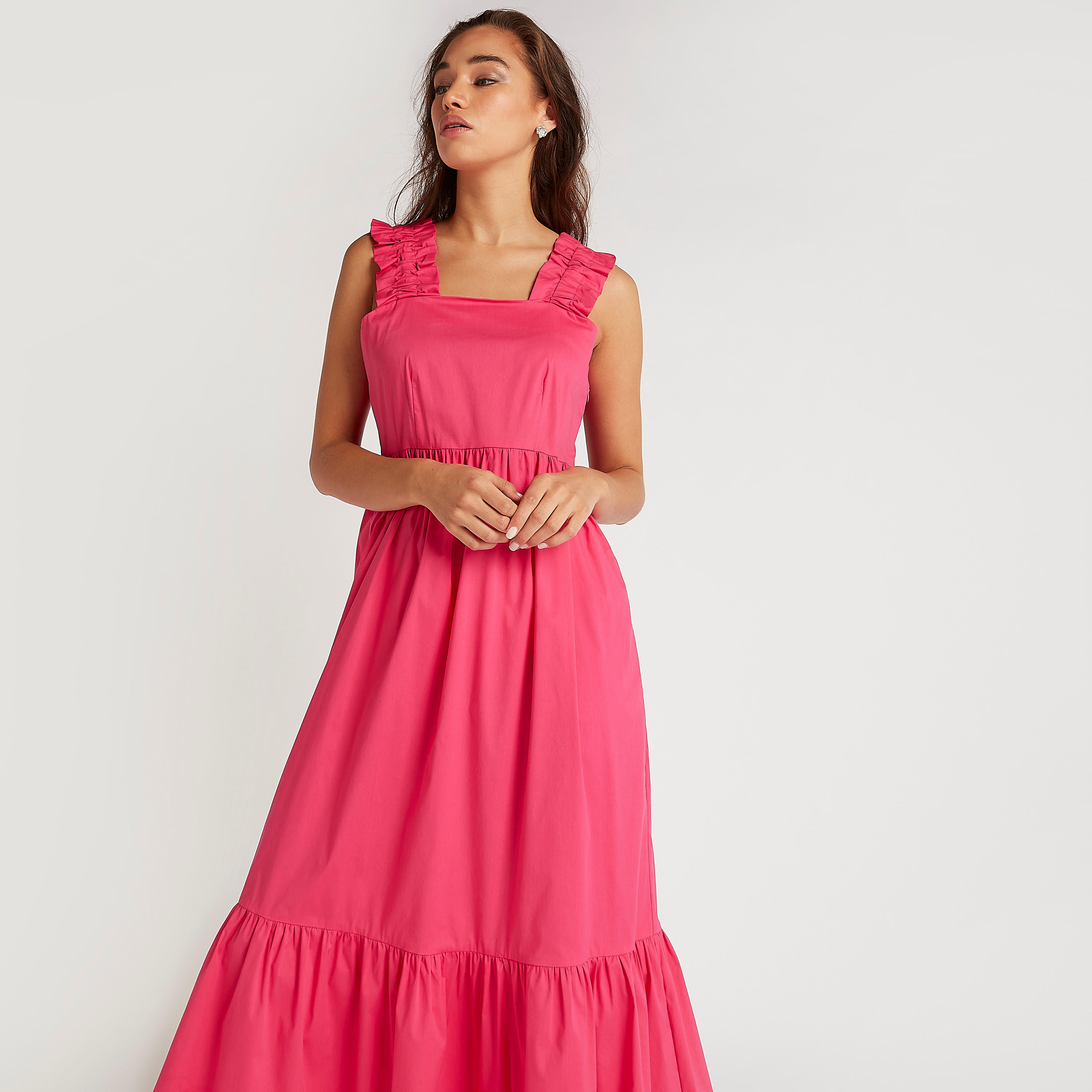 فستان ميدي إيه لاين بارز الملمس بتفاصيل كشكشة وحمّالات كتف-women-clothing-dresses-image-9