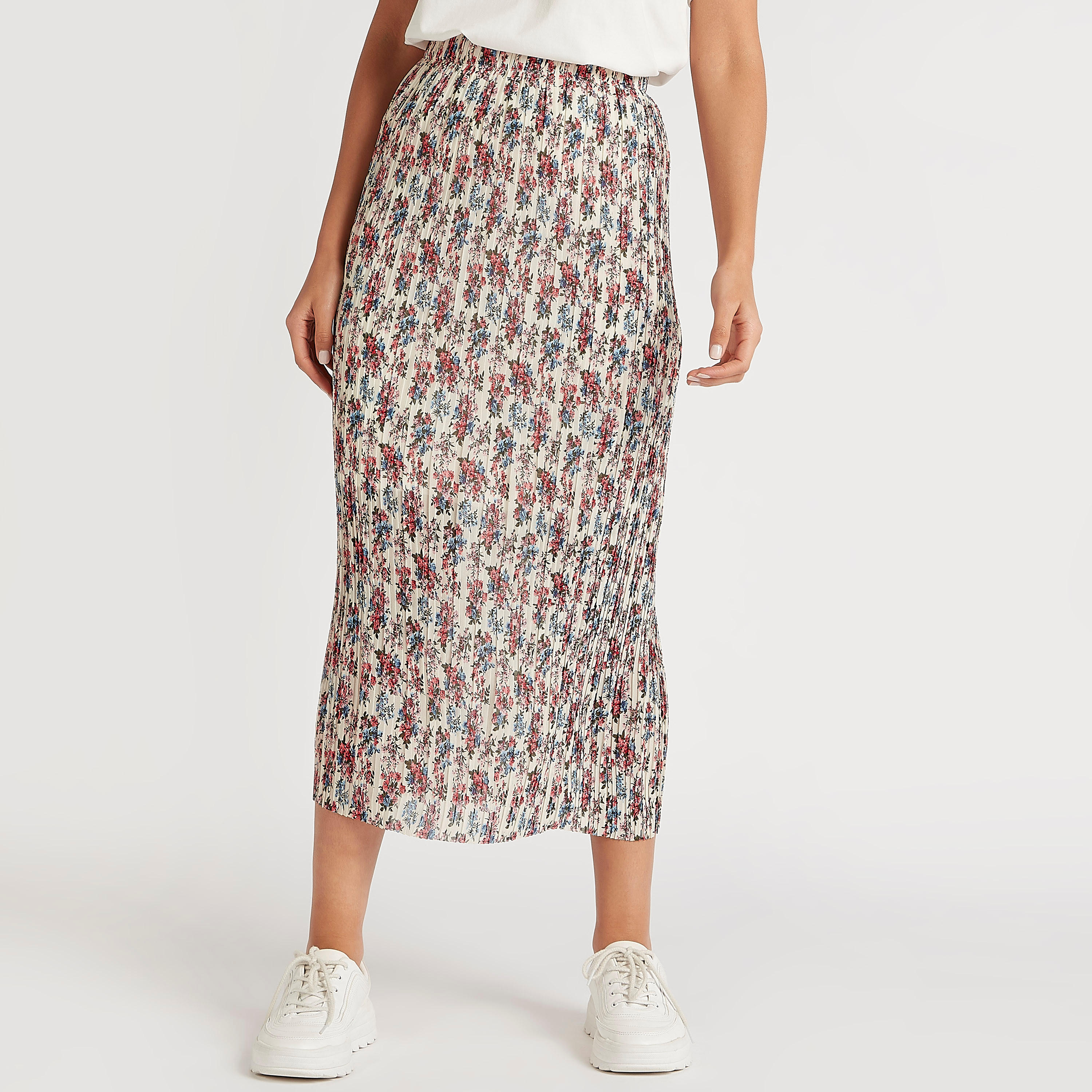 تنورة ميدي بقصة ضيّقة بطبعات أزهار وخصر مطاطي-women-clothing-bottoms-skirts-image-1