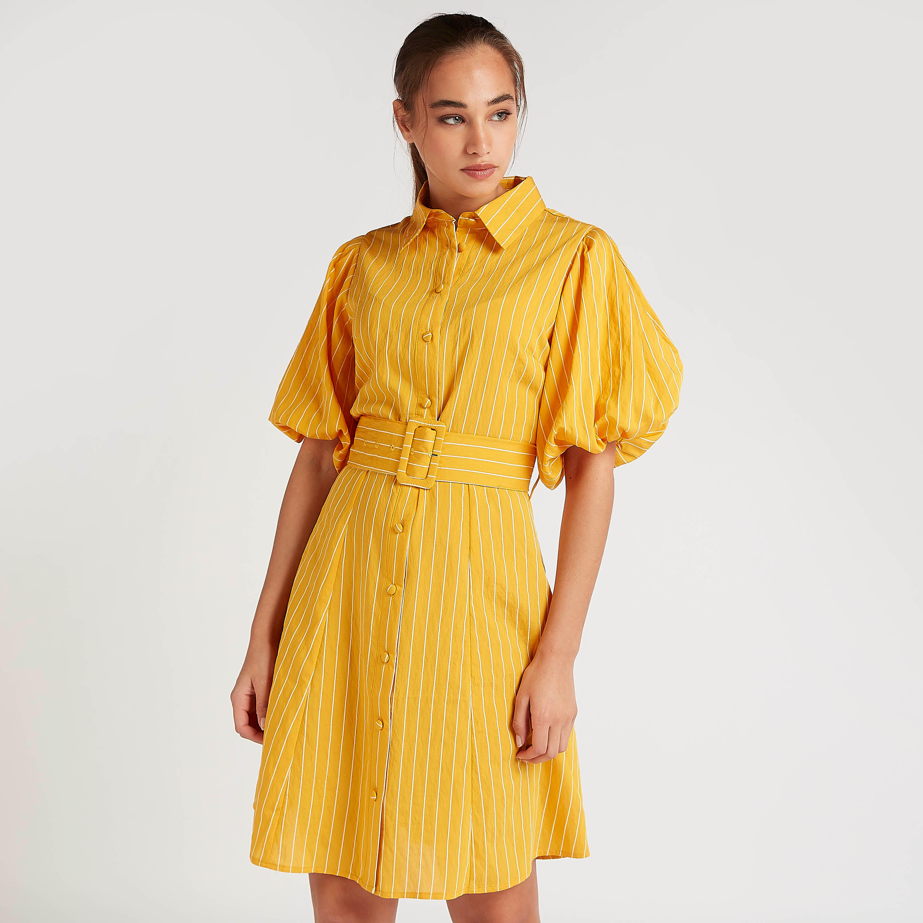 فستان قميص مخطّط قصير بحزام وأكمام قصيرة منفوخة-women-clothing-dresses-image-2
