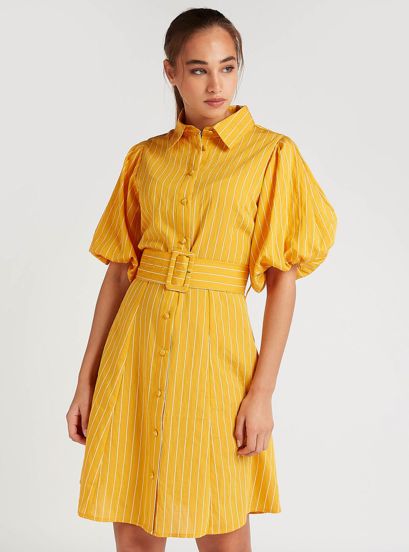 فستان قميص مخطّط قصير بحزام وأكمام قصيرة منفوخة-women-clothing-dresses-image-2