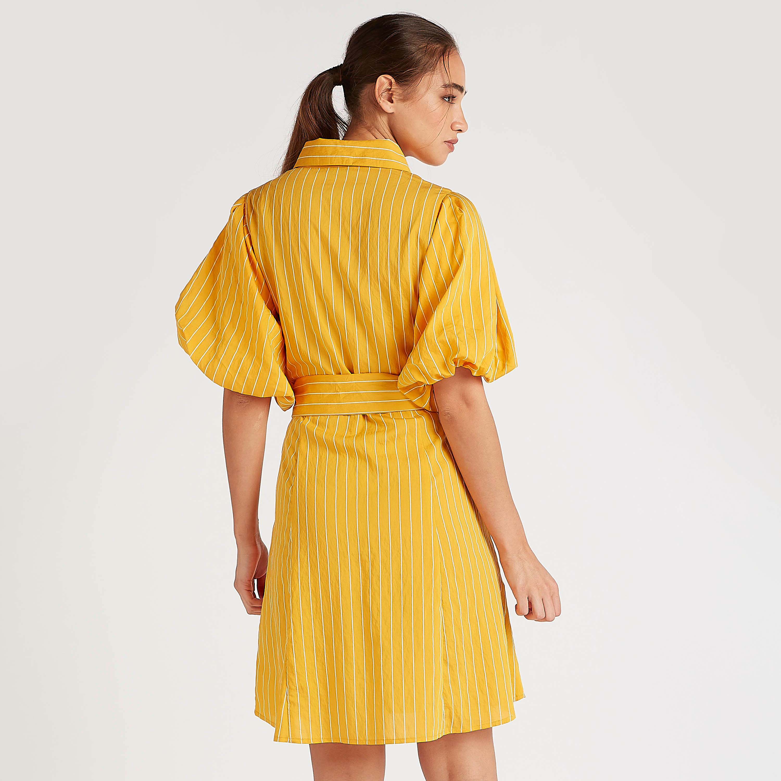 فستان قميص مخطّط قصير بحزام وأكمام قصيرة منفوخة-women-clothing-dresses-image-4
