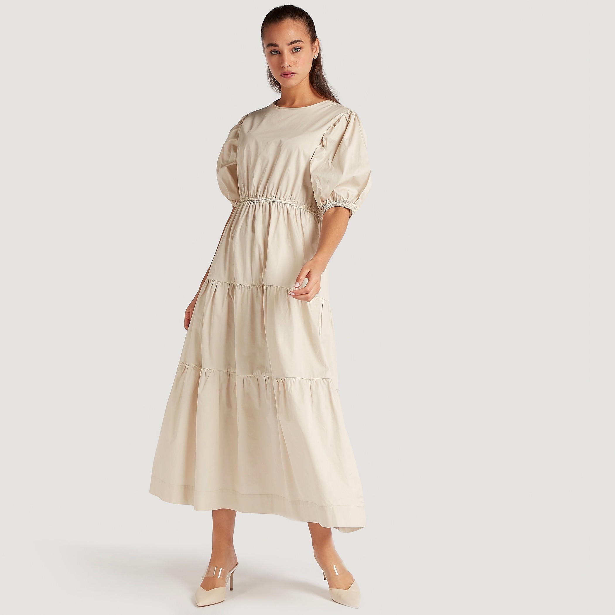 Solid Midi Tiered A-line Dress with Short Puff Sleeves-women-clothing-dresses-image-1