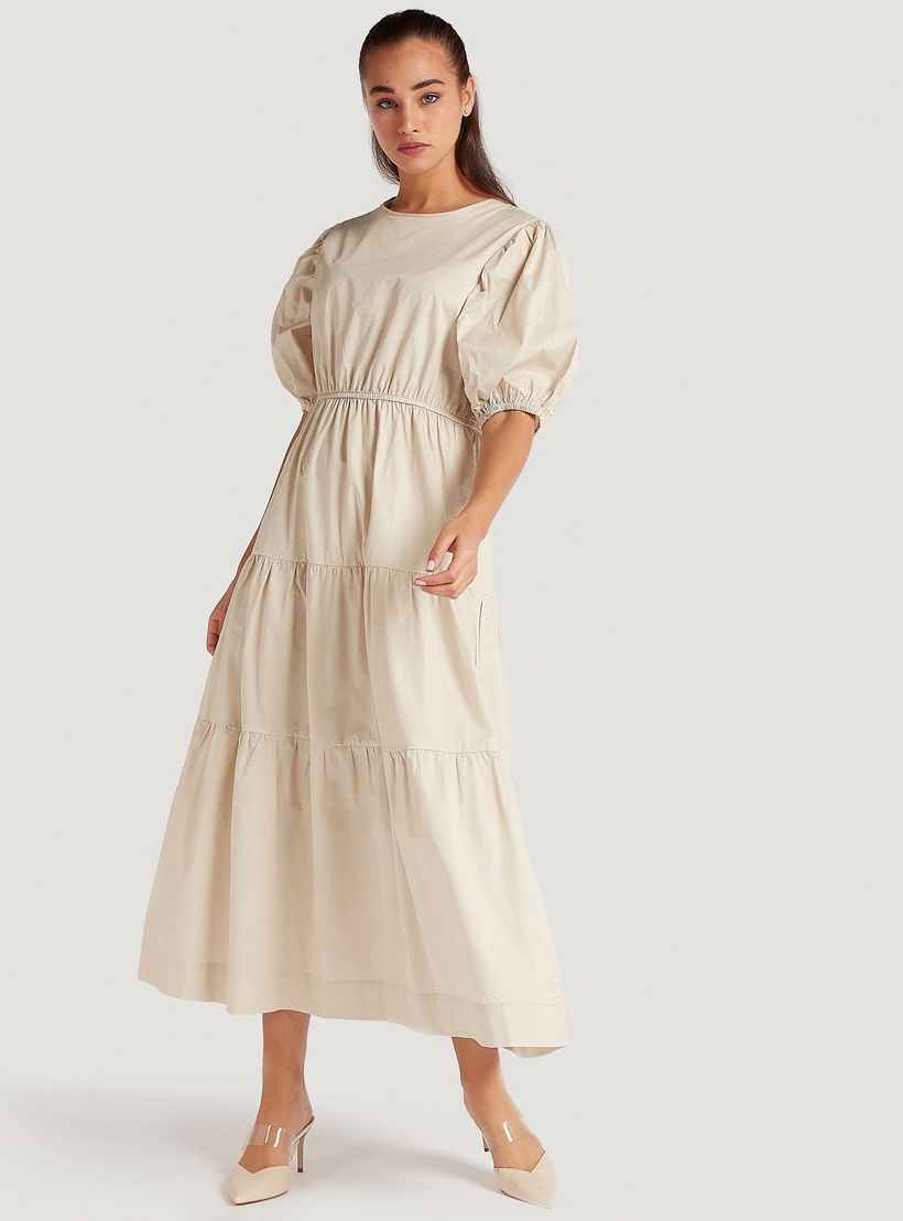 Solid Midi Tiered A-line Dress with Short Puff Sleeves-women-clothing-dresses-image-1
