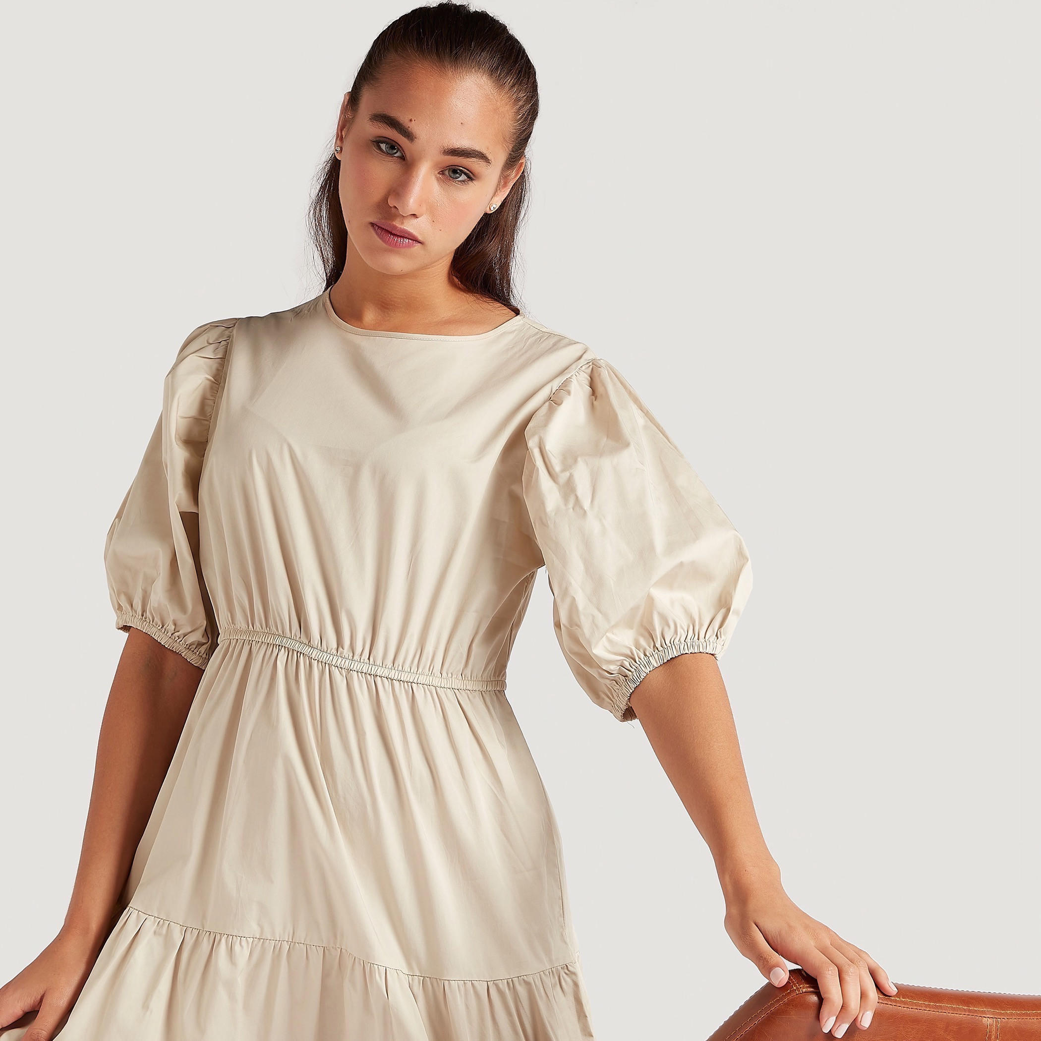 Solid Midi Tiered A-line Dress with Short Puff Sleeves-women-clothing-dresses-image-2