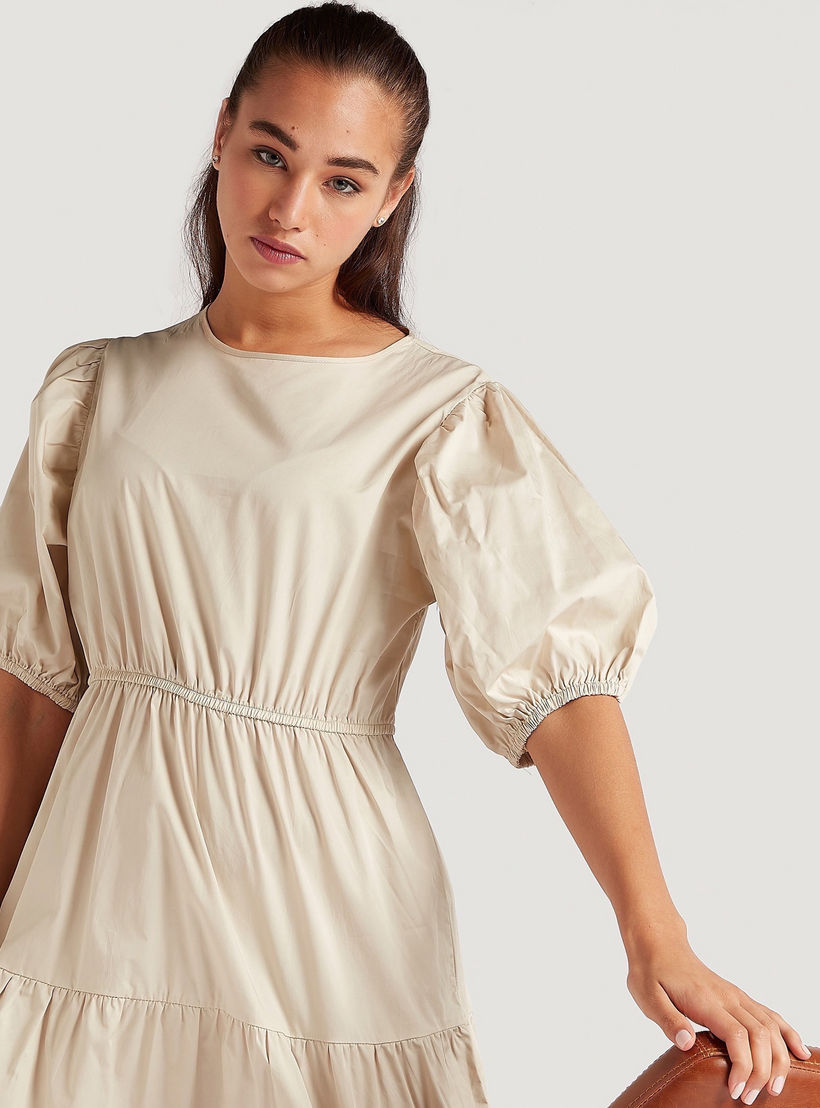 Solid Midi Tiered A-line Dress with Short Puff Sleeves-women-clothing-dresses-image-2