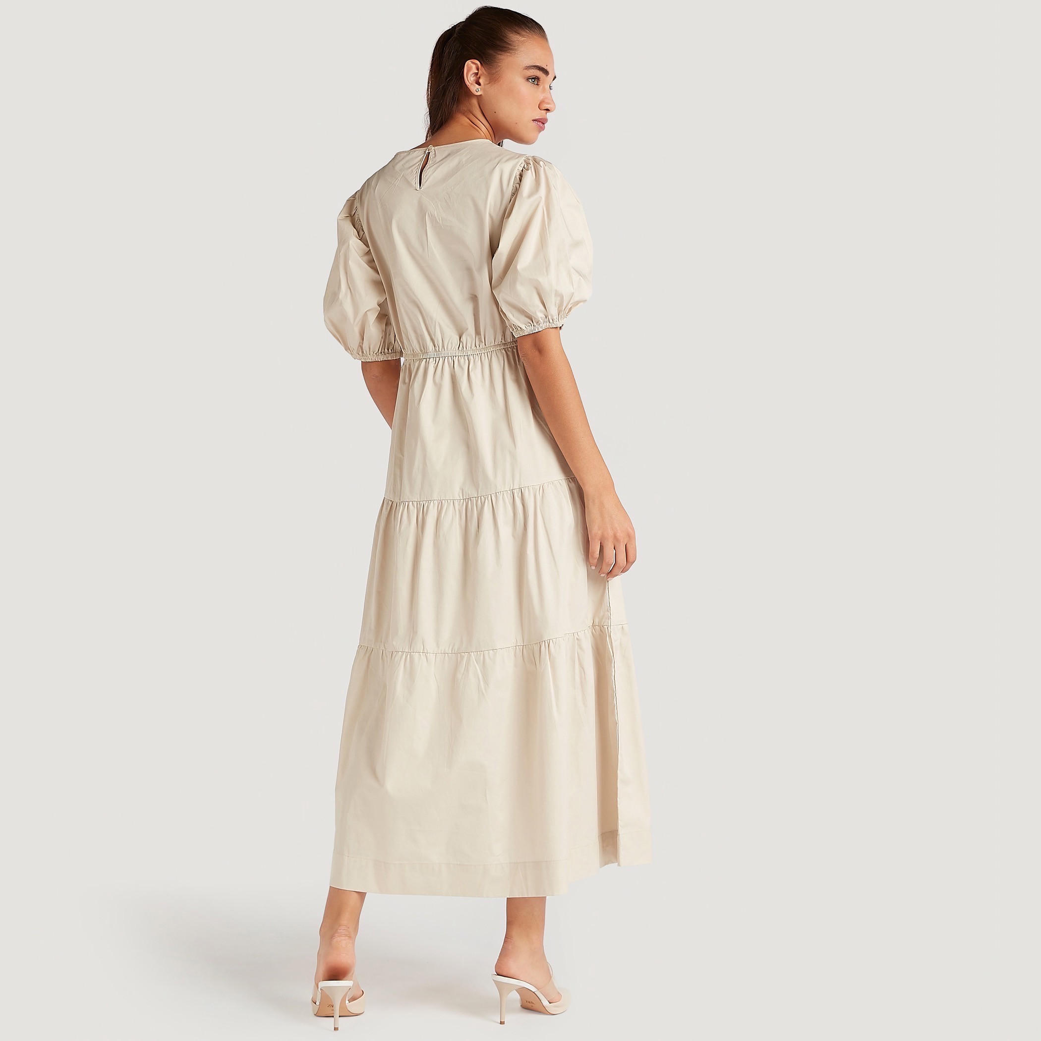Solid Midi Tiered A-line Dress with Short Puff Sleeves-women-clothing-dresses-image-3