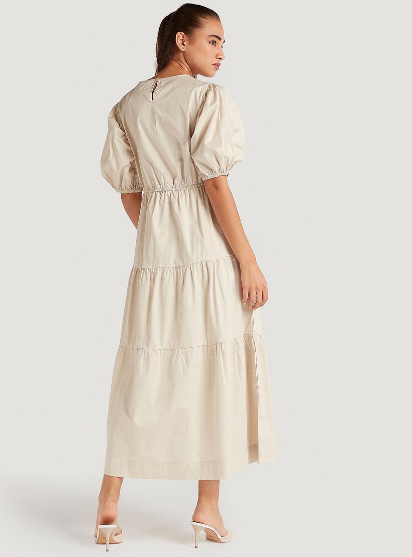 Solid Midi Tiered A-line Dress with Short Puff Sleeves-women-clothing-dresses-image-3