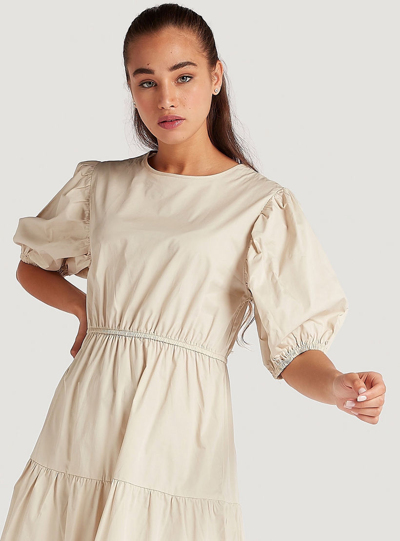 Solid Midi Tiered A-line Dress with Short Puff Sleeves-women-clothing-dresses-image-5