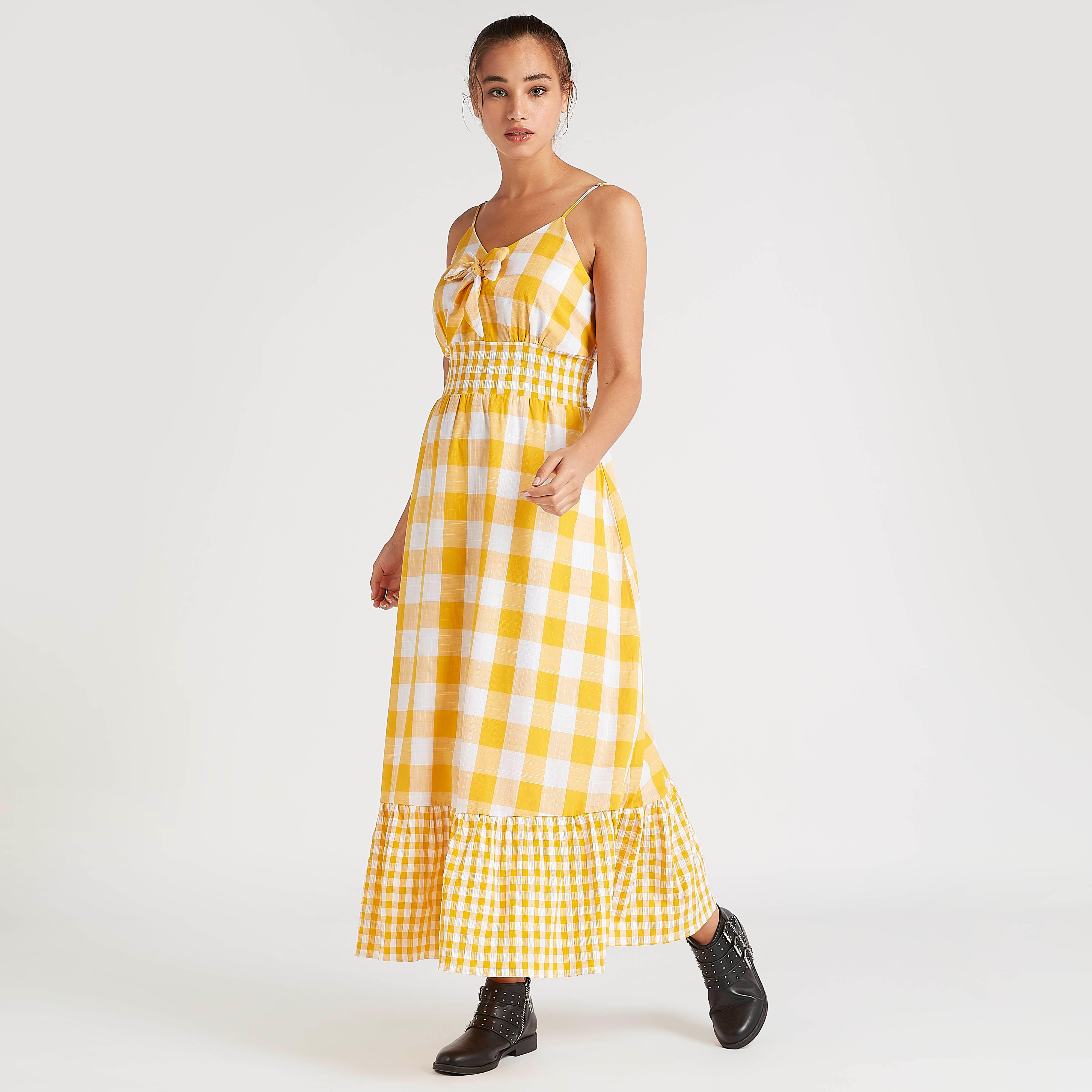 فستان طويل كاروهات بفيونكة وحمالات رفيعة-women-clothing-dresses-image-1