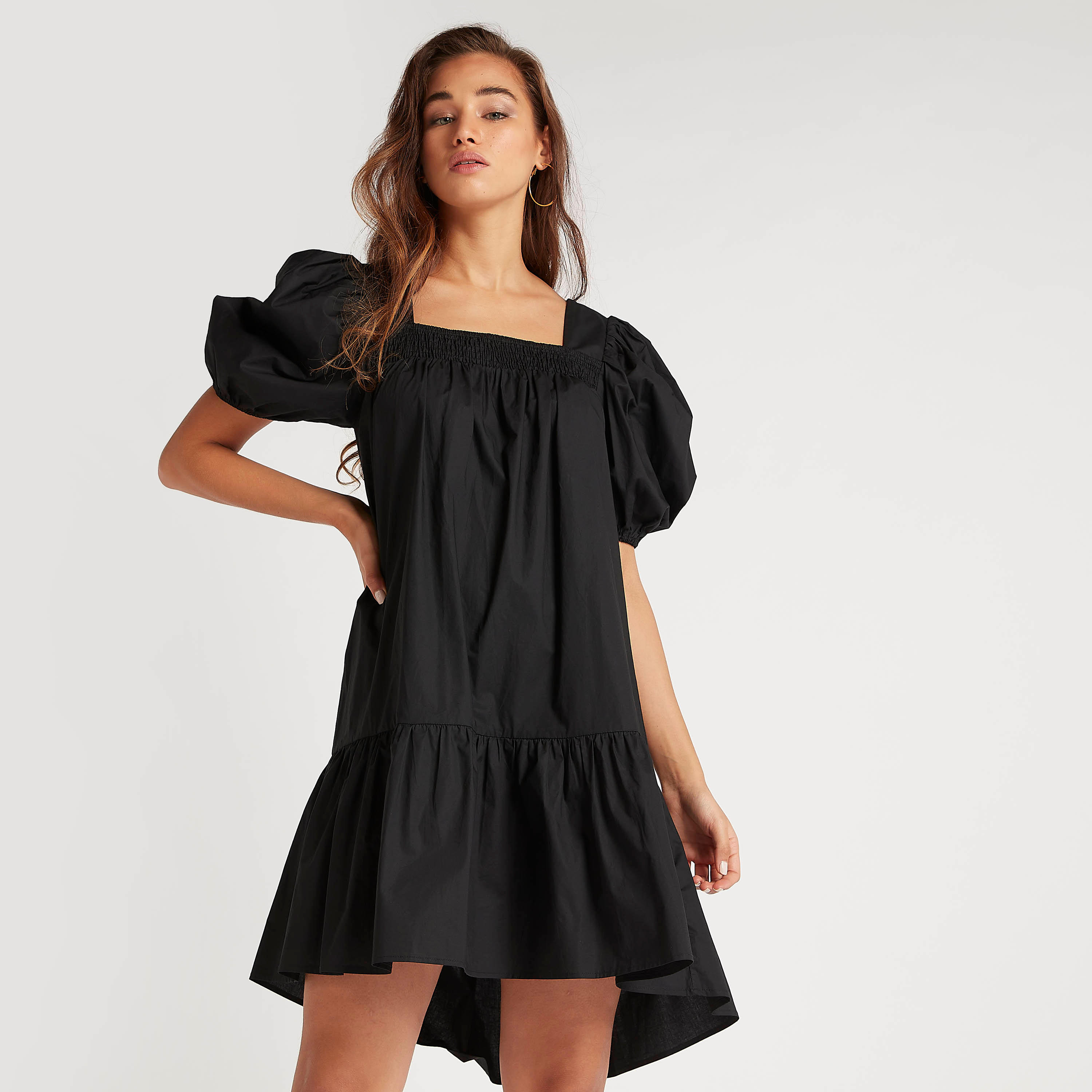 Solid Asymmetric Hem Midi Dress with Short Puff Sleeves-women-clothing-dresses-image-1