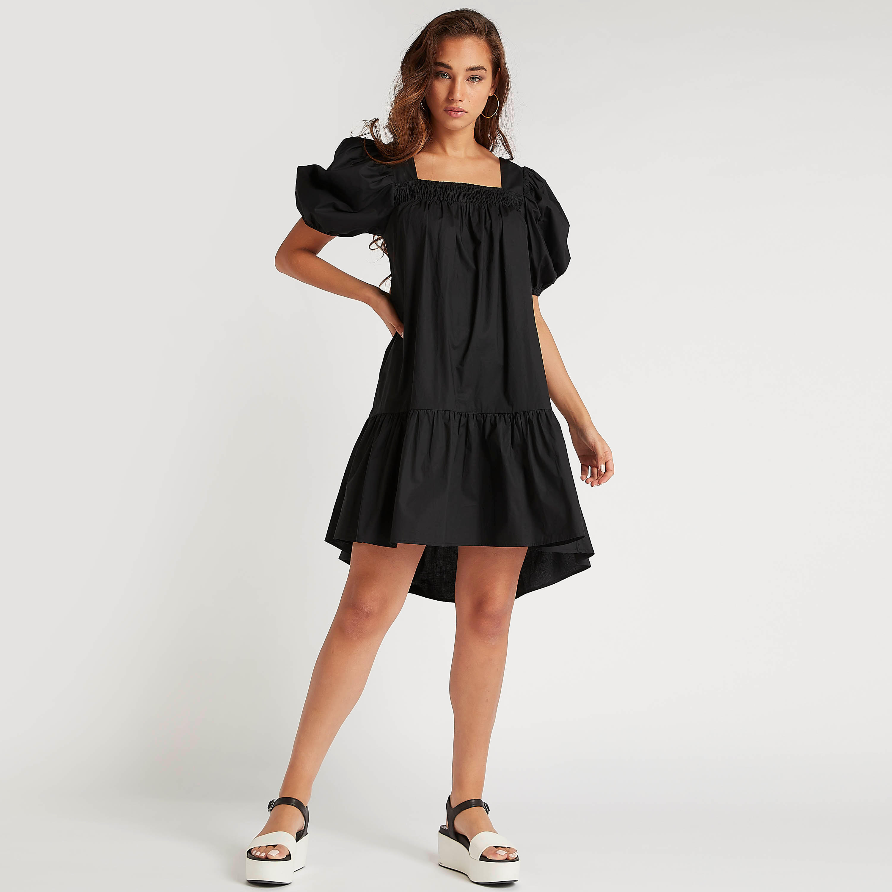 Solid Asymmetric Hem Midi Dress with Short Puff Sleeves-women-clothing-dresses-image-2