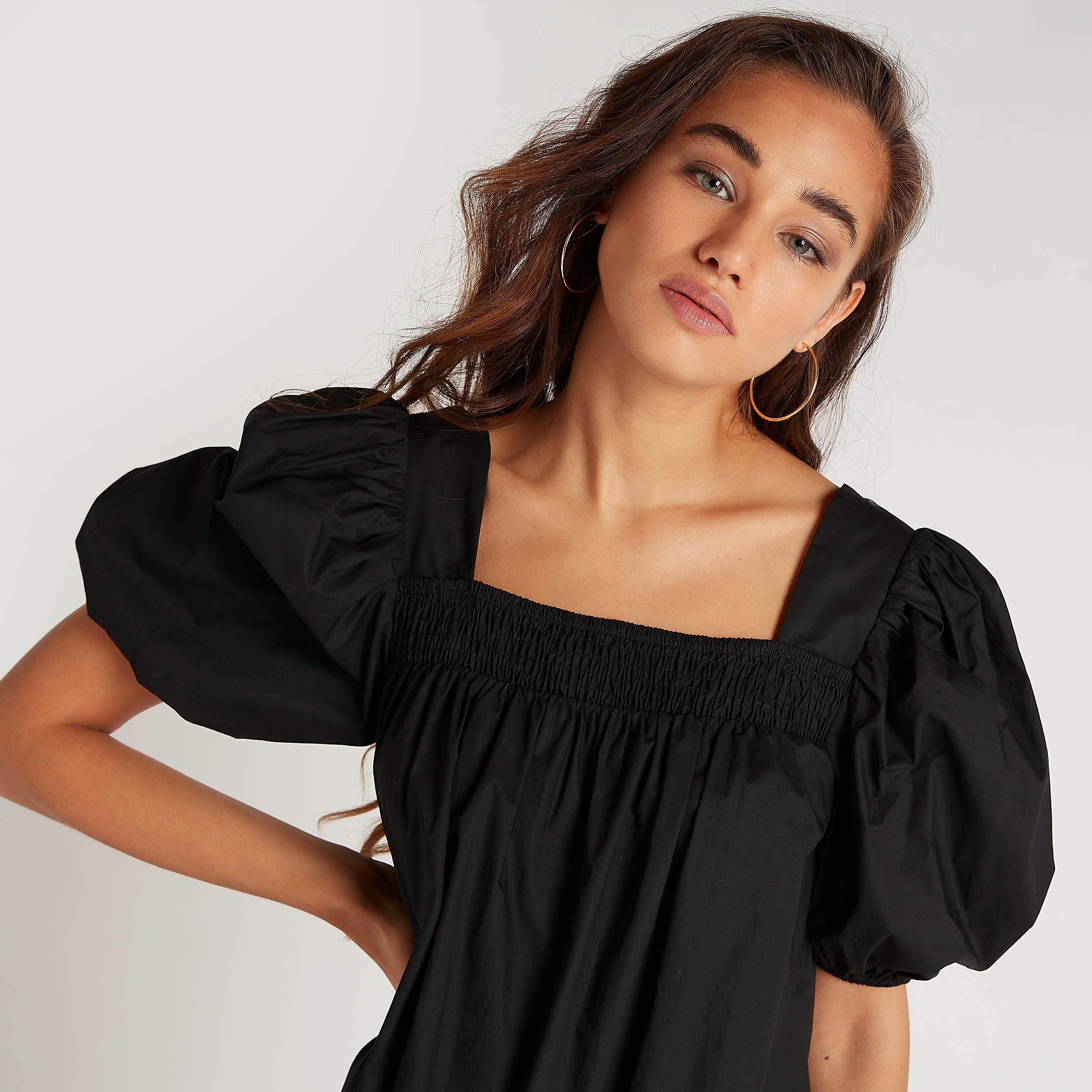 Solid Asymmetric Hem Midi Dress with Short Puff Sleeves-women-clothing-dresses-image-3