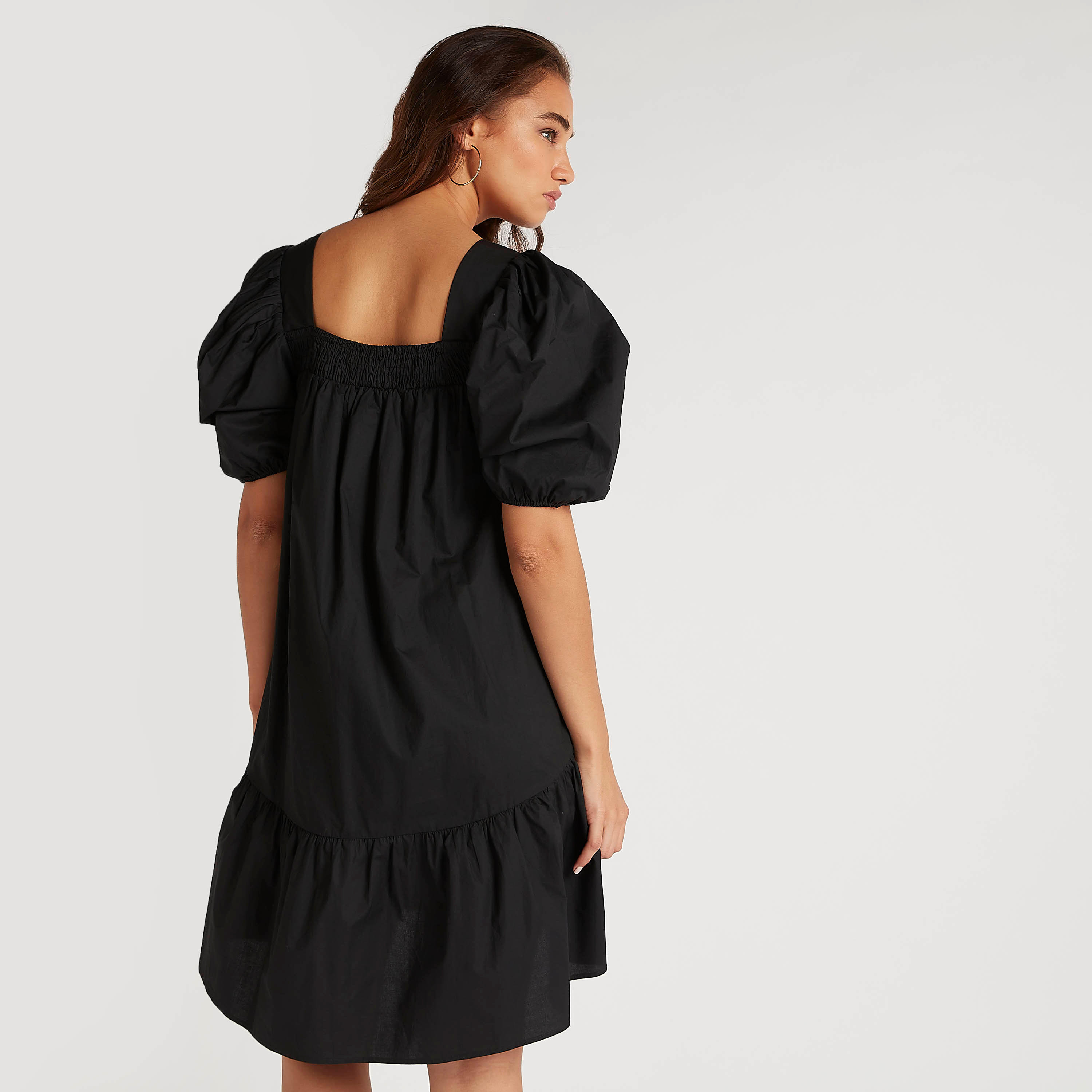 Solid Asymmetric Hem Midi Dress with Short Puff Sleeves-women-clothing-dresses-image-4
