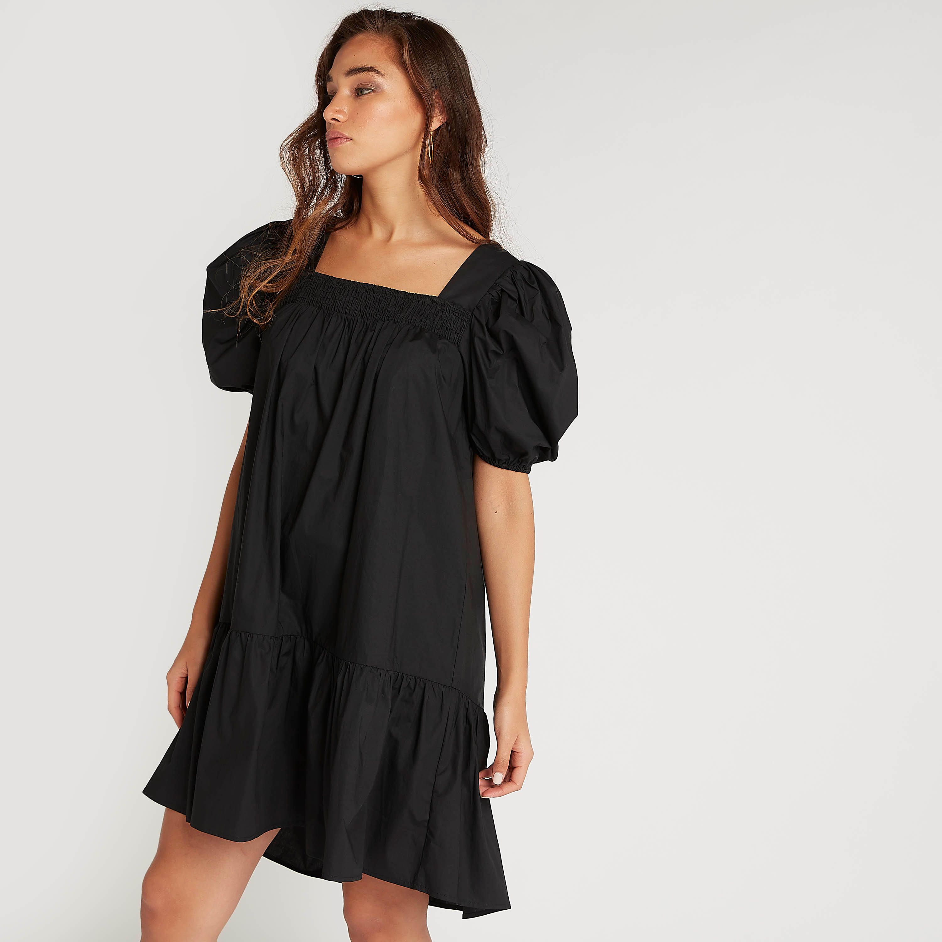 Solid Asymmetric Hem Midi Dress with Short Puff Sleeves-women-clothing-dresses-image-6