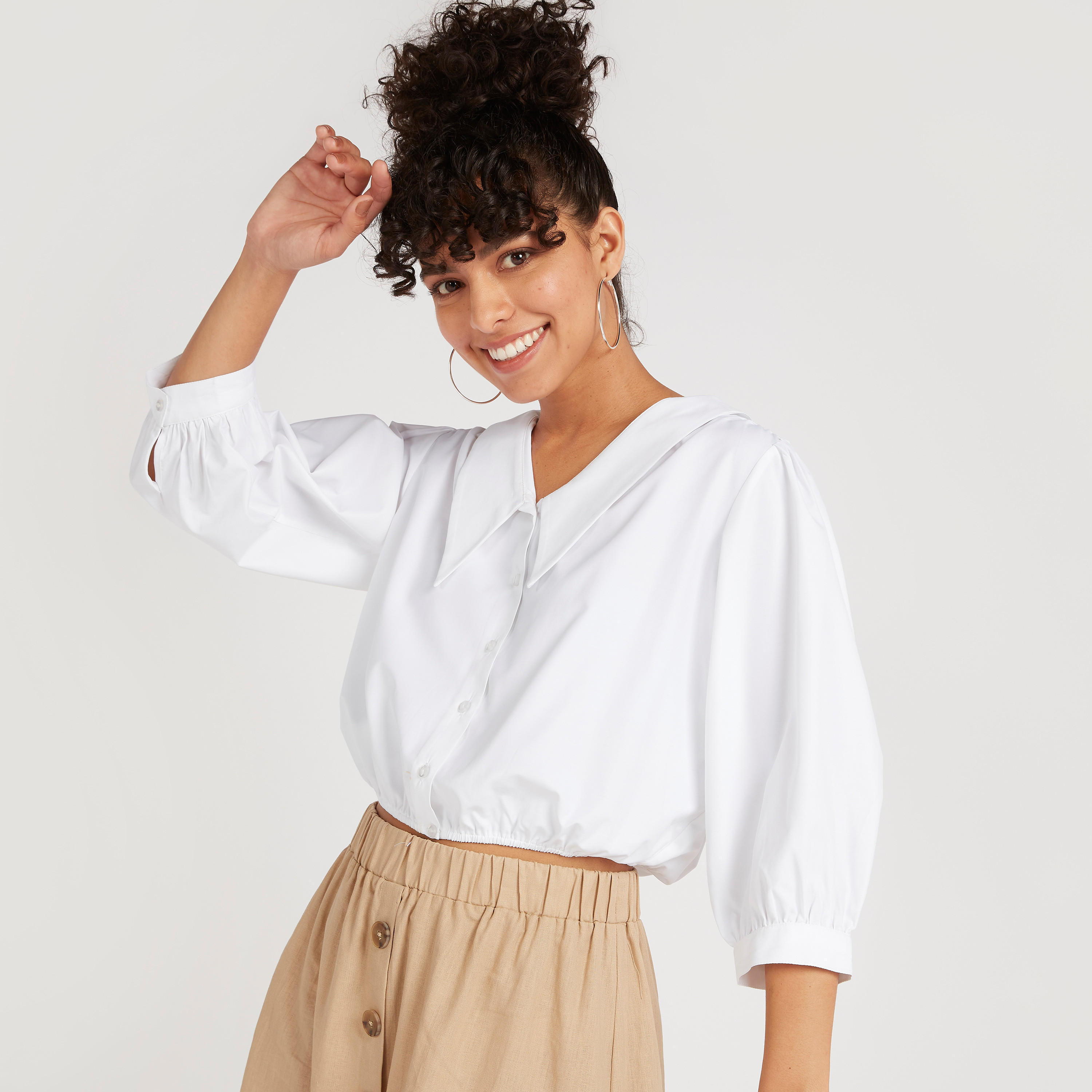 قميص سادة بزر أمامي وأكمام 3/4-women-clothing-shirtsandblouses-shirts-image-5